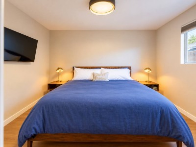 Bedroom with blue bedding