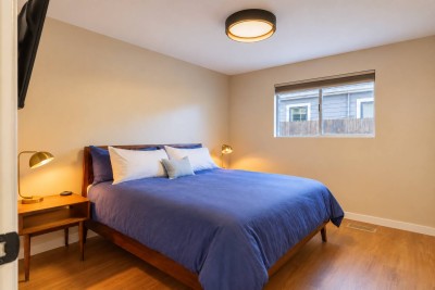 Bedroom with blue bedding