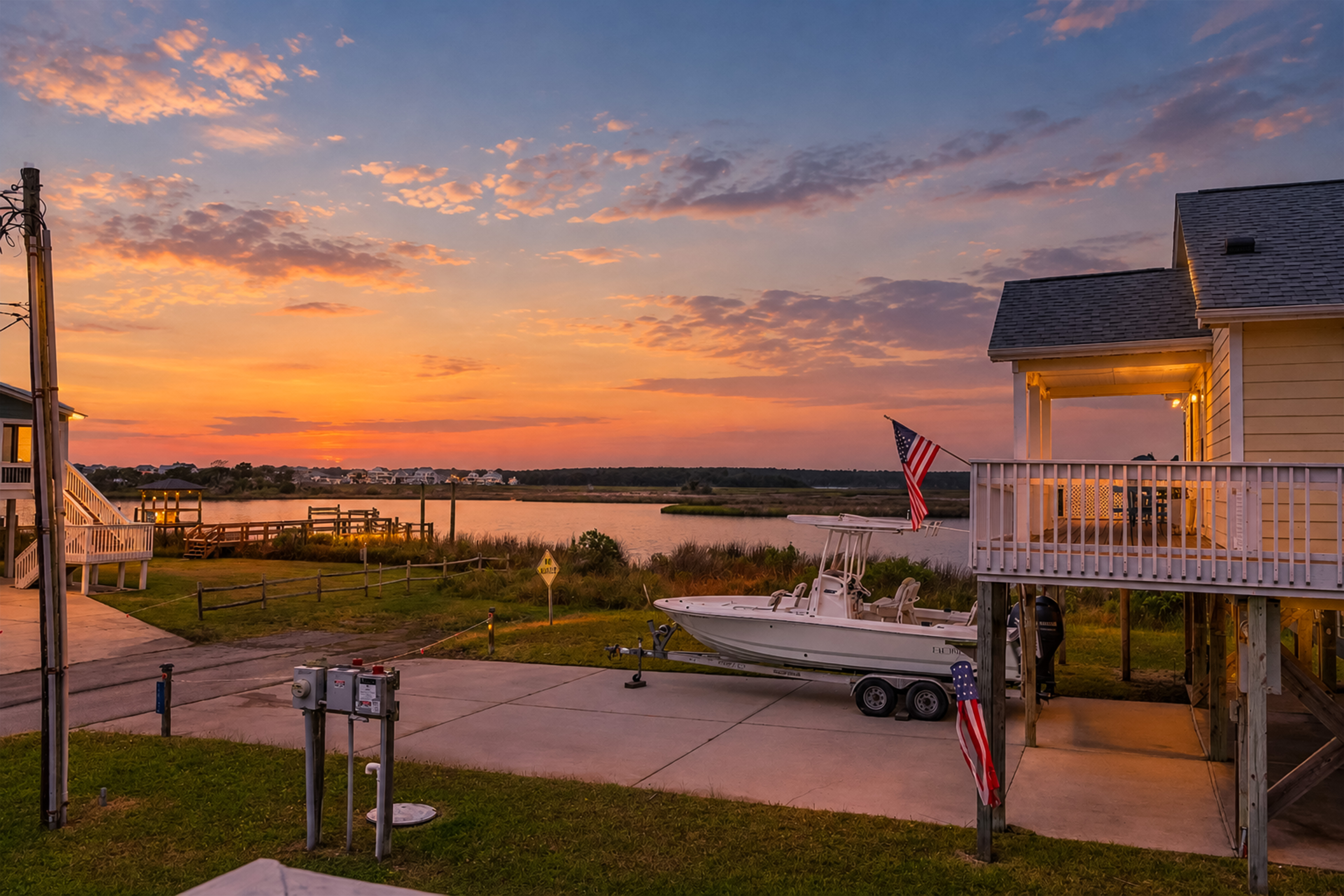Waterfront sunset views with coastal charm and a private boat-ready driveway