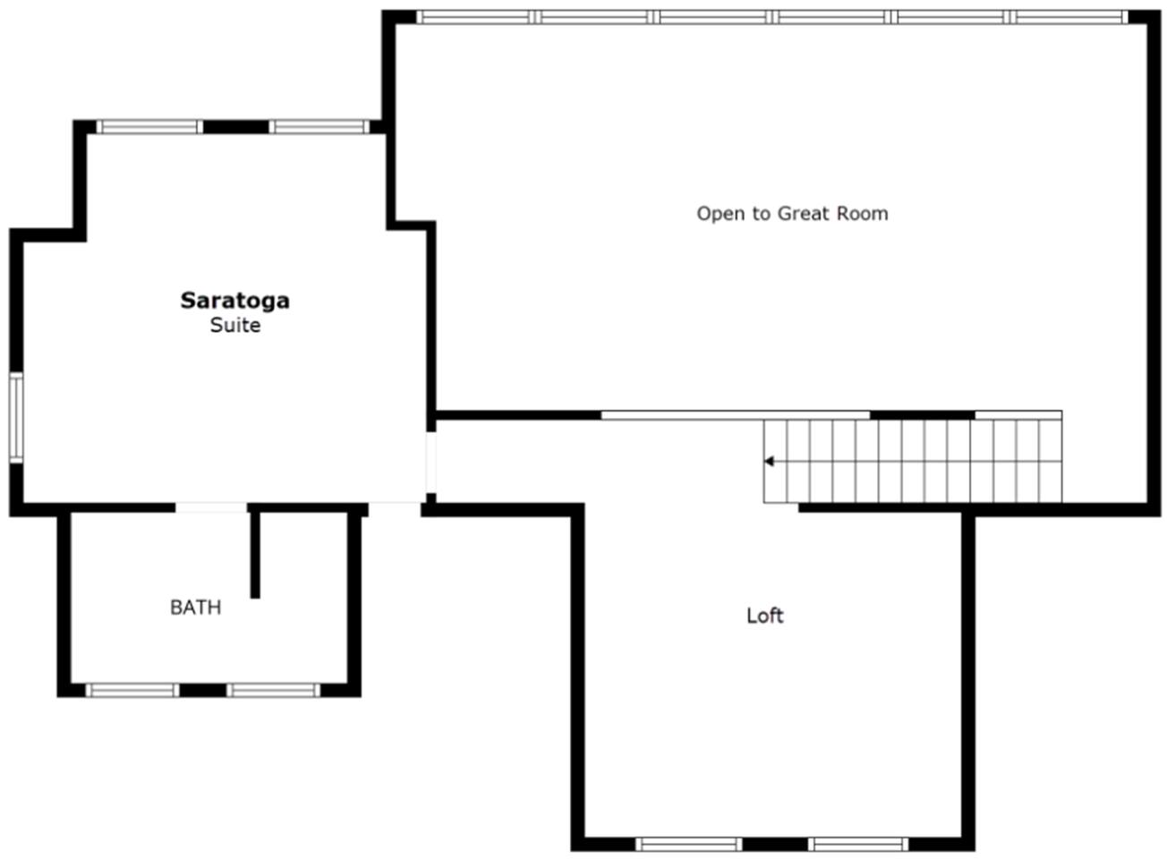 This is the layout of the upstairs of the Hudson River Lodge.  The Loft houses yoga equipment with hand weights, a TV with Nintendo Switch, and a relaxing daybed