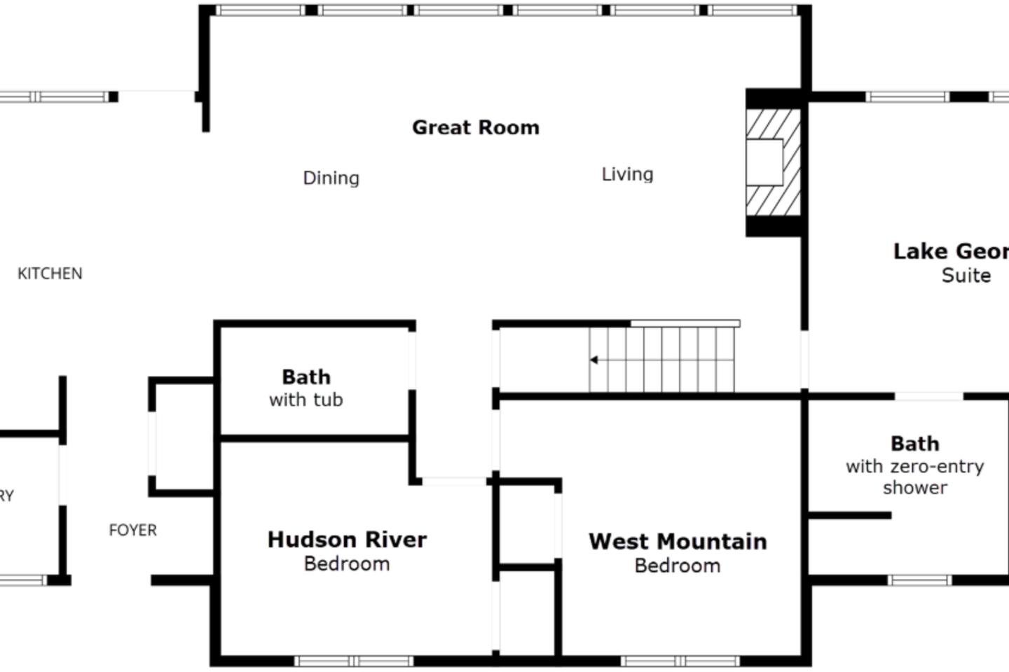 This is the layout of the ground floor of the Hudson River Lodge.  All doors are 38" wide.
