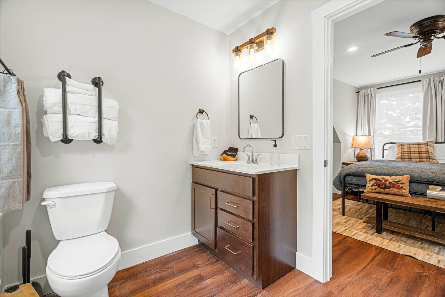 Saratoga Suite's private bath features a shower.  Towels are luxurious bath sheet sized. Eucalyptus-scented shampoo, conditioner, and body wash are provided.  Unscented is available. Hairdryer provided in the top drawer.