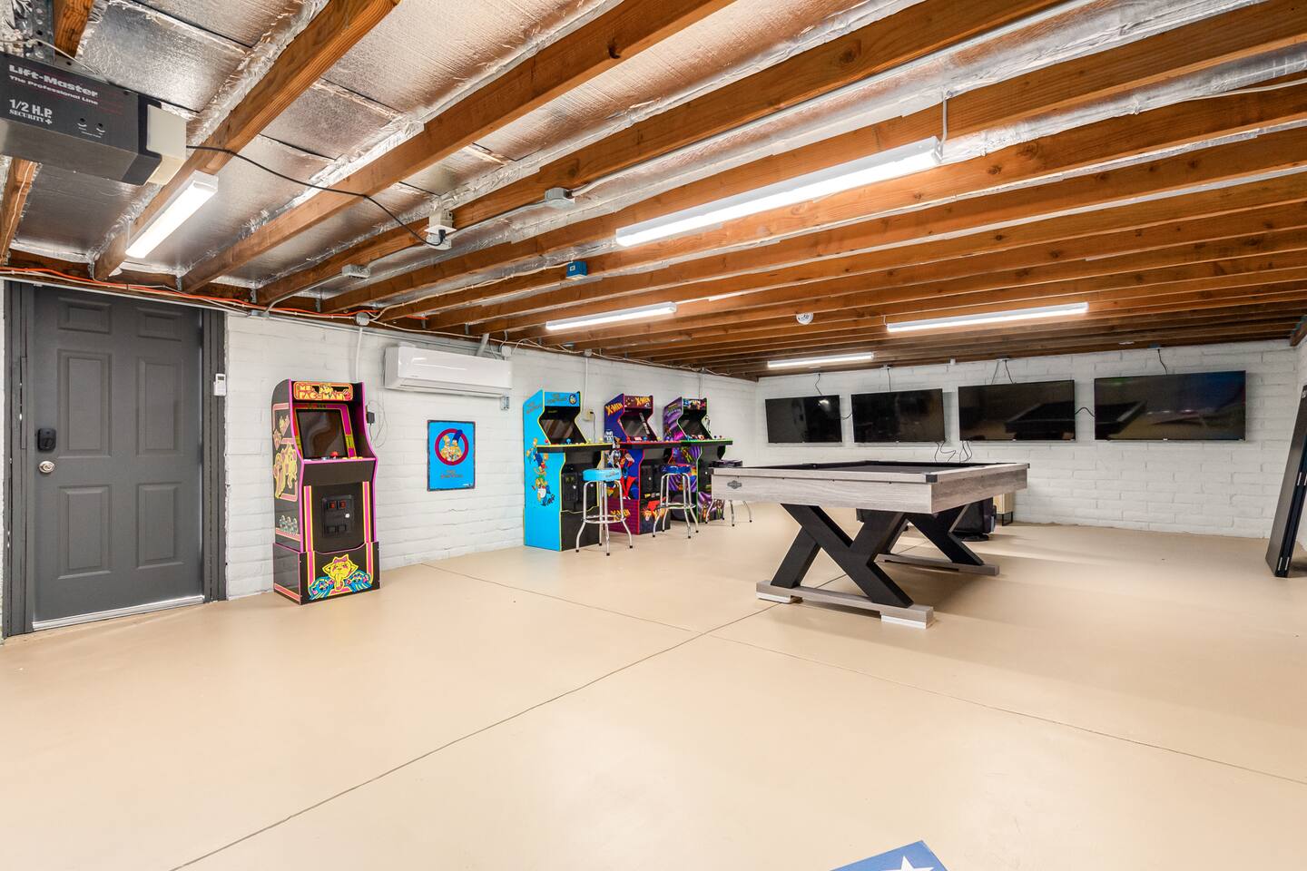 Challenge friends to classic fun with four arcade games and a pool table, perfect for hours of entertainment.