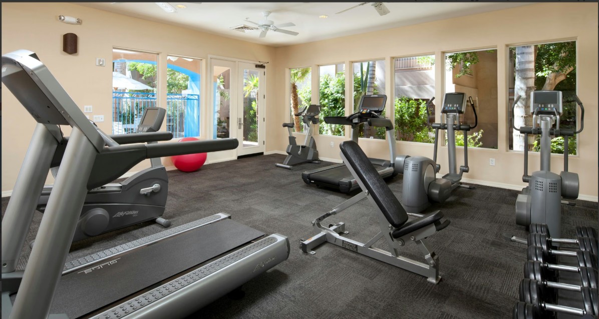 Bright on-site gym with cardio machines, weights, and garden views