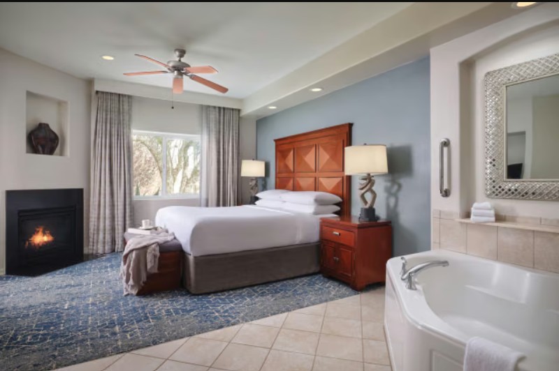 Spacious king suite with fireplace and in-room soaking tub