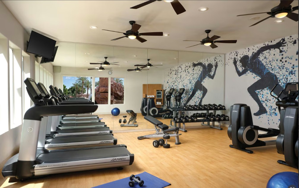 Bright, modern fitness room with cardio machines and free weights