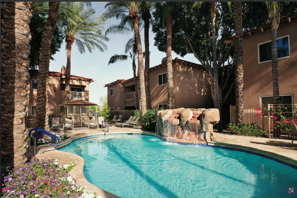 Resort-style pool with palm trees, lounge chairs, and a relaxing waterfall