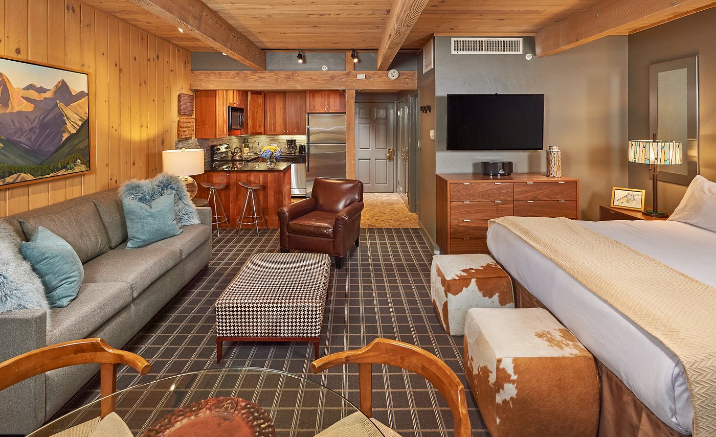 Cozy mountain-style studio with kitchenette, lounge area, and rustic charm
