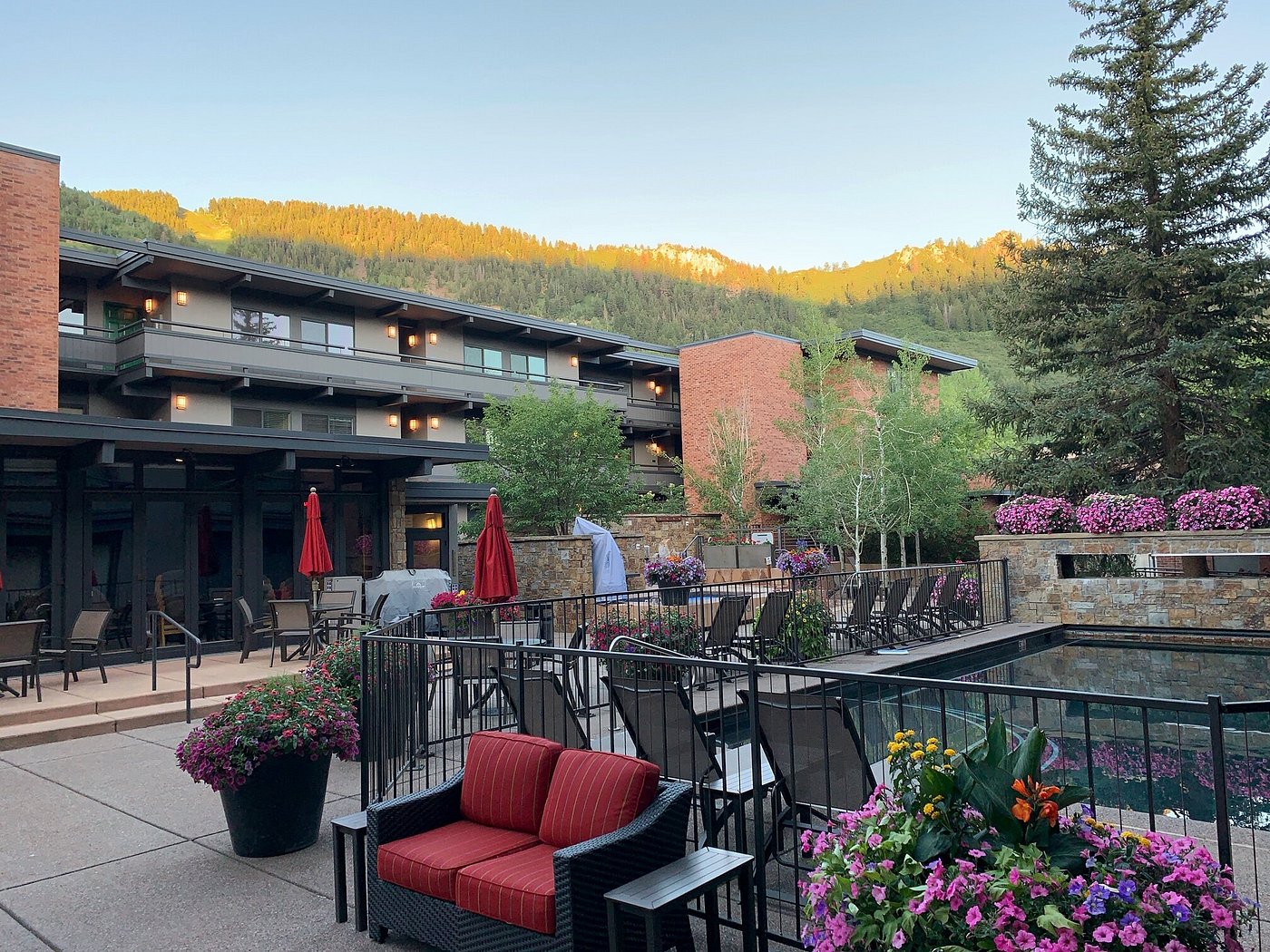 Resort-style pool deck with mountain views and lush landscaped seating