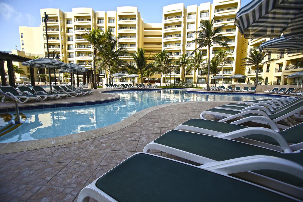 Resort-style pool with palm trees, loungers, and sunny tropical vibes