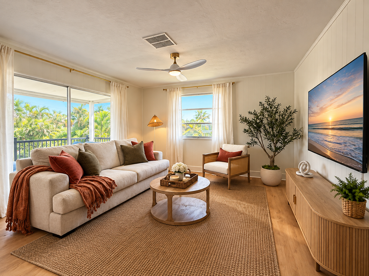 Bright tropical living room with large TV and serene palm views