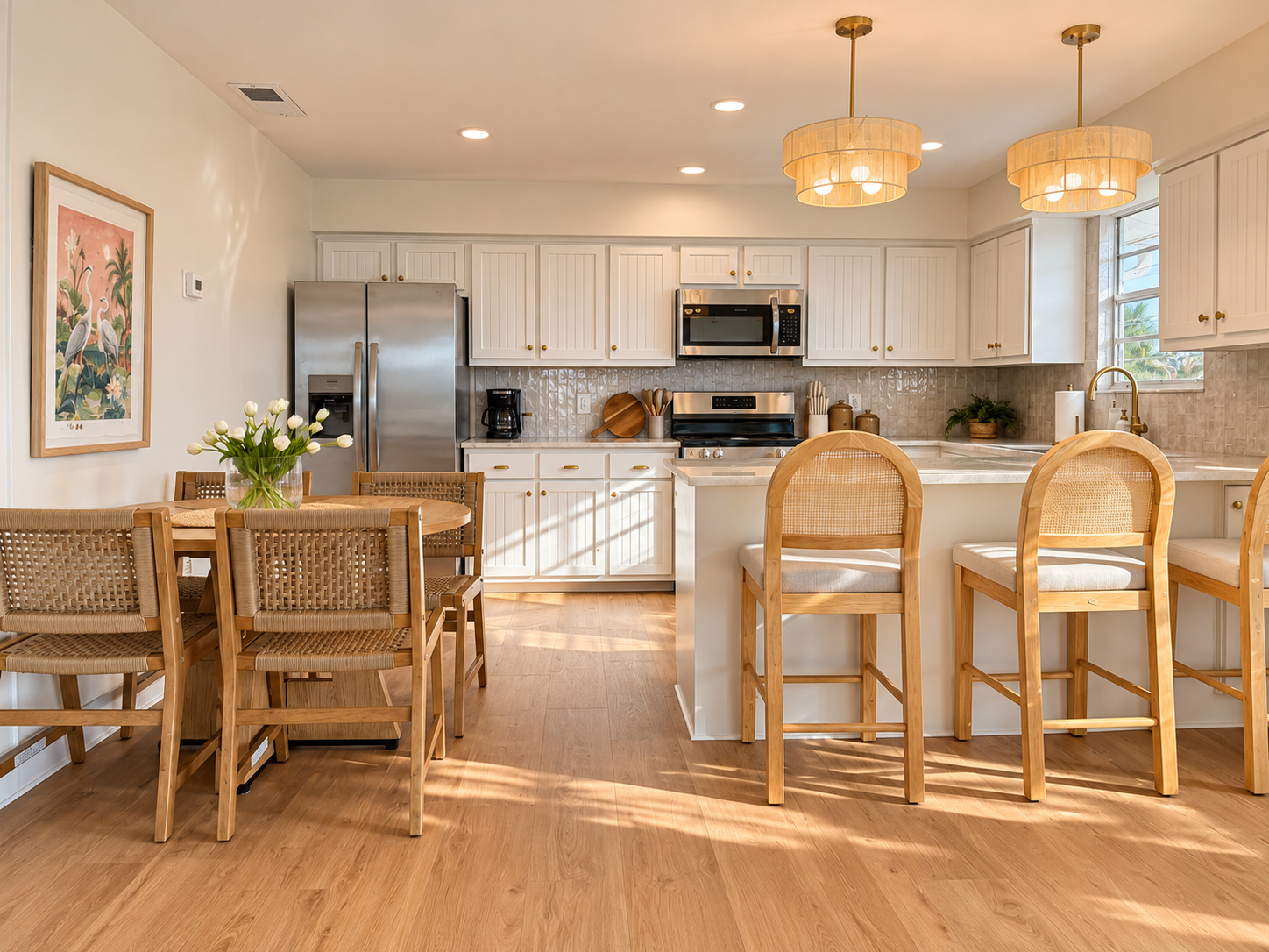 Bright coastal kitchen with island seating and airy dining space