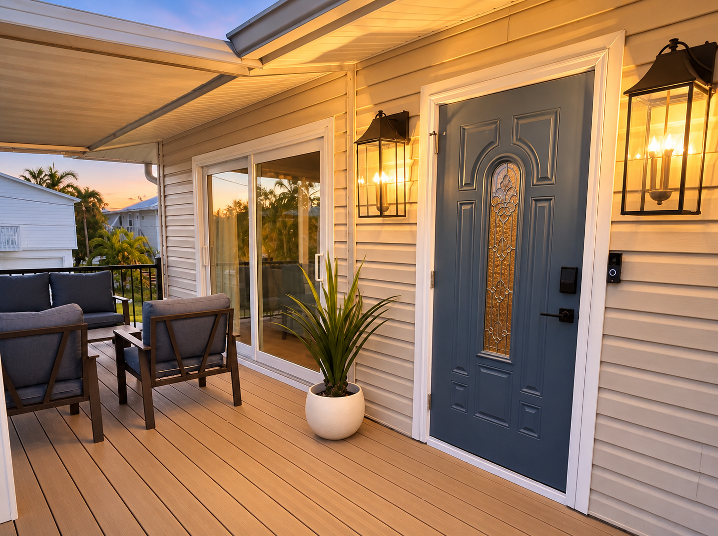 Inviting covered deck with cozy seating and warm sunset ambiance