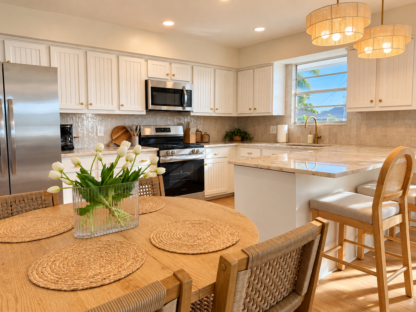 Bright coastal kitchen with island seating and inviting dining area