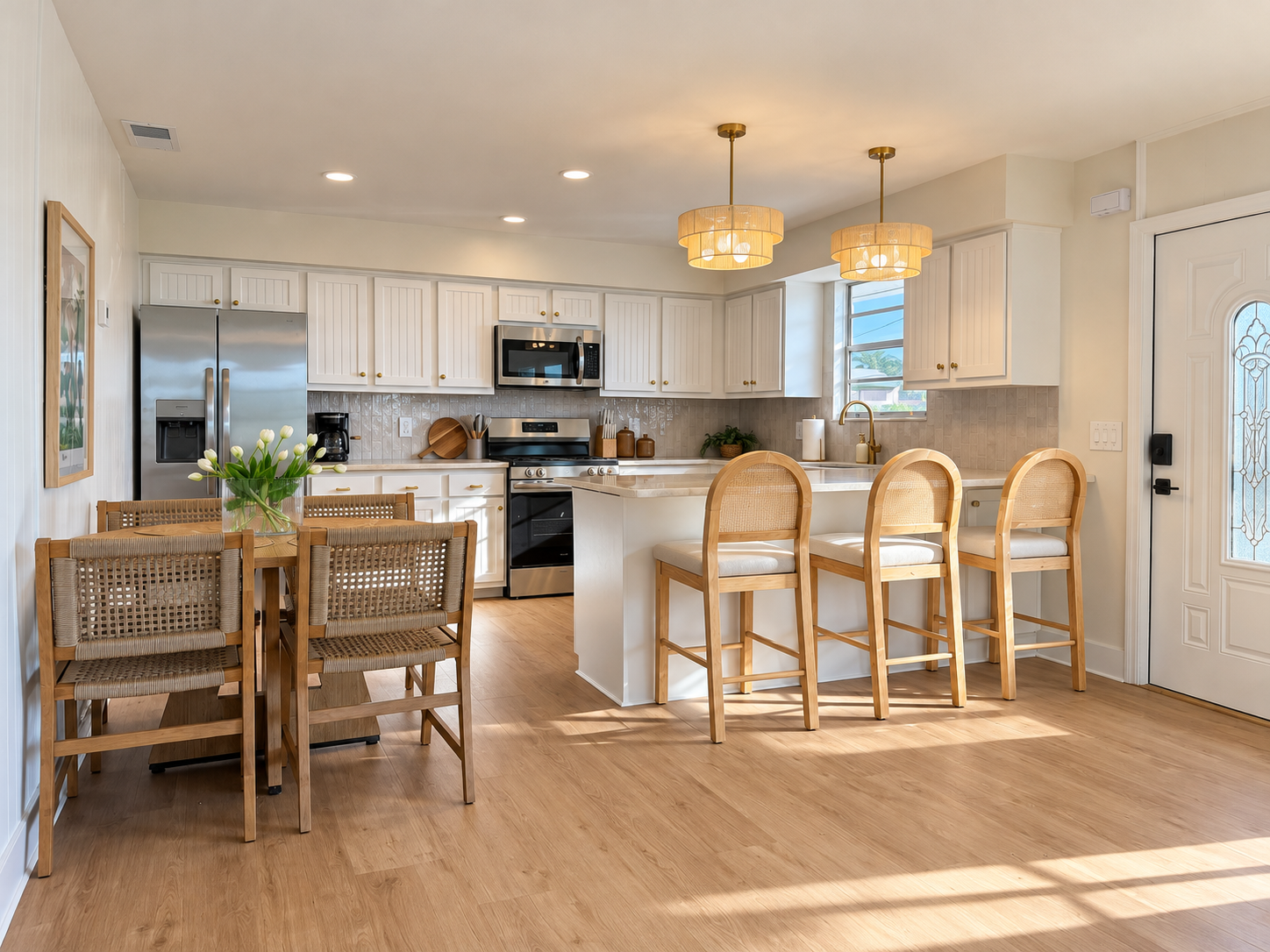 Bright open kitchen with island seating and stylish dining area