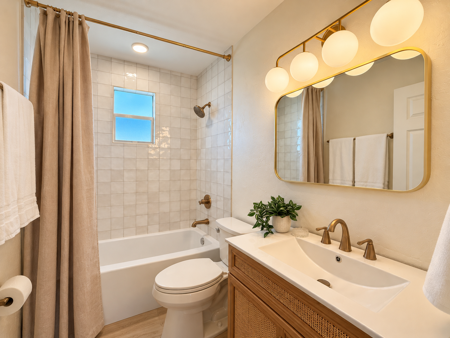 Bright modern bathroom with tub-shower combo and stylish brass accents