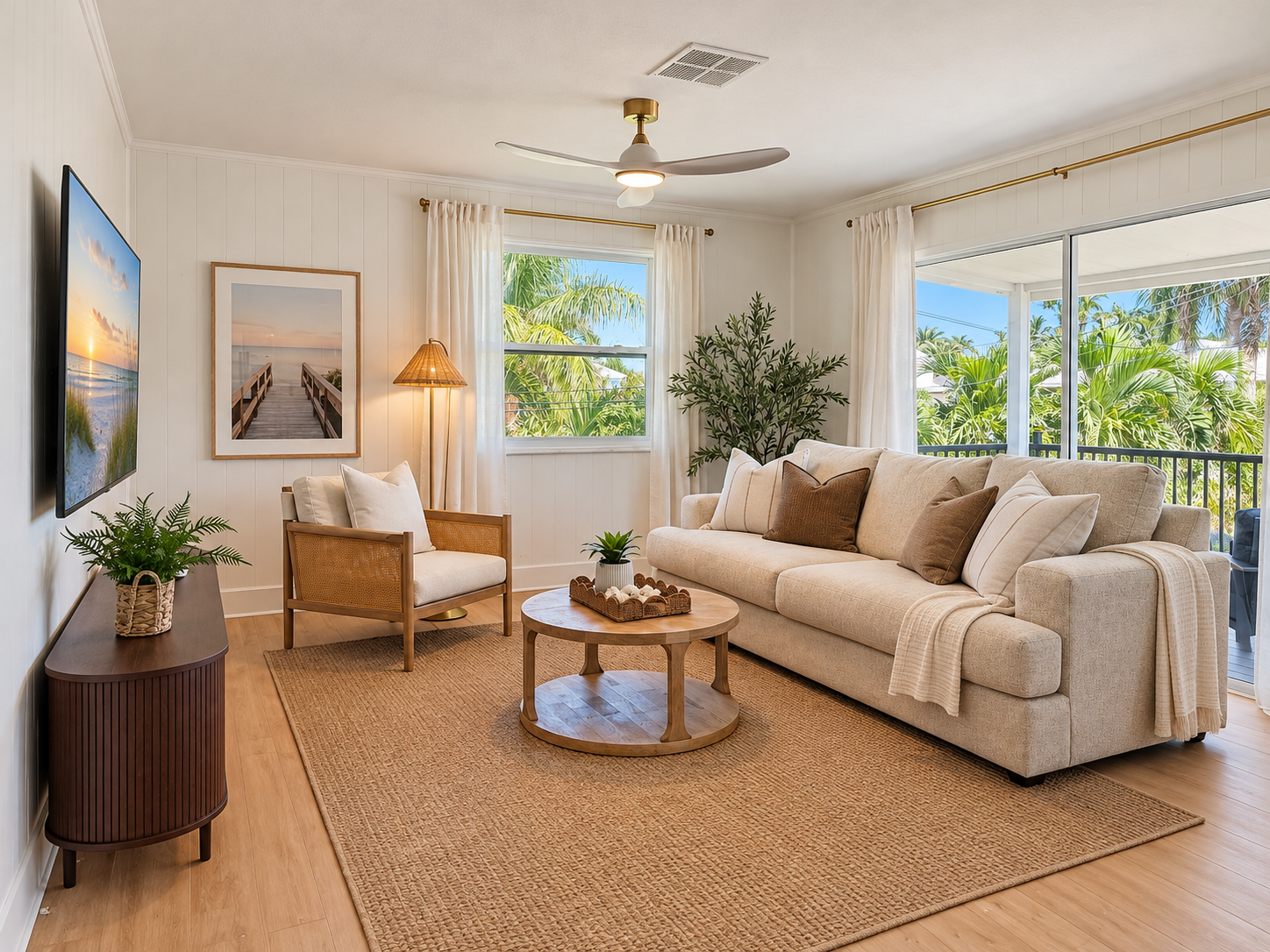 Bright coastal living room with tropical views and balcony access