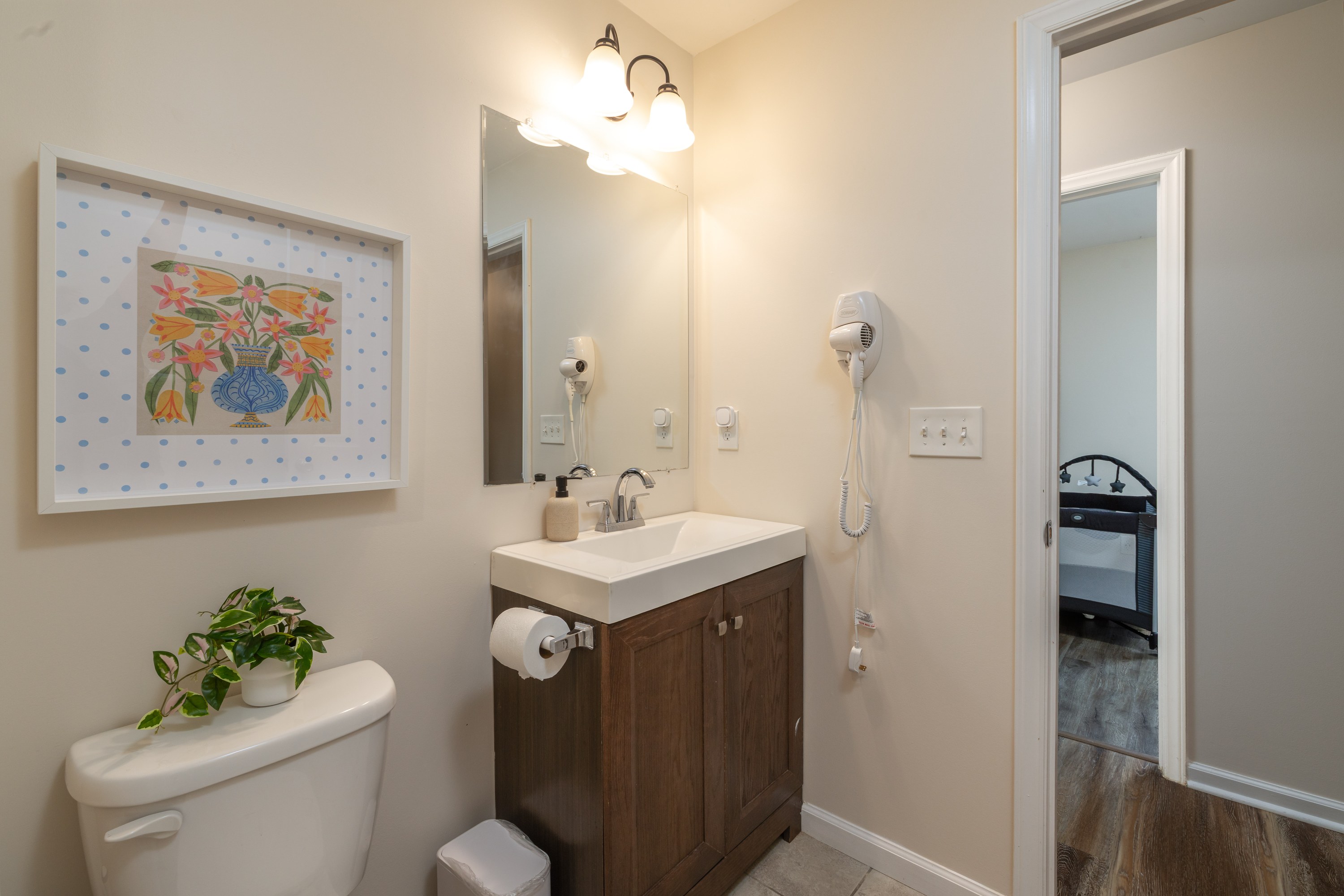 Second bathroom vanity and hair dryer