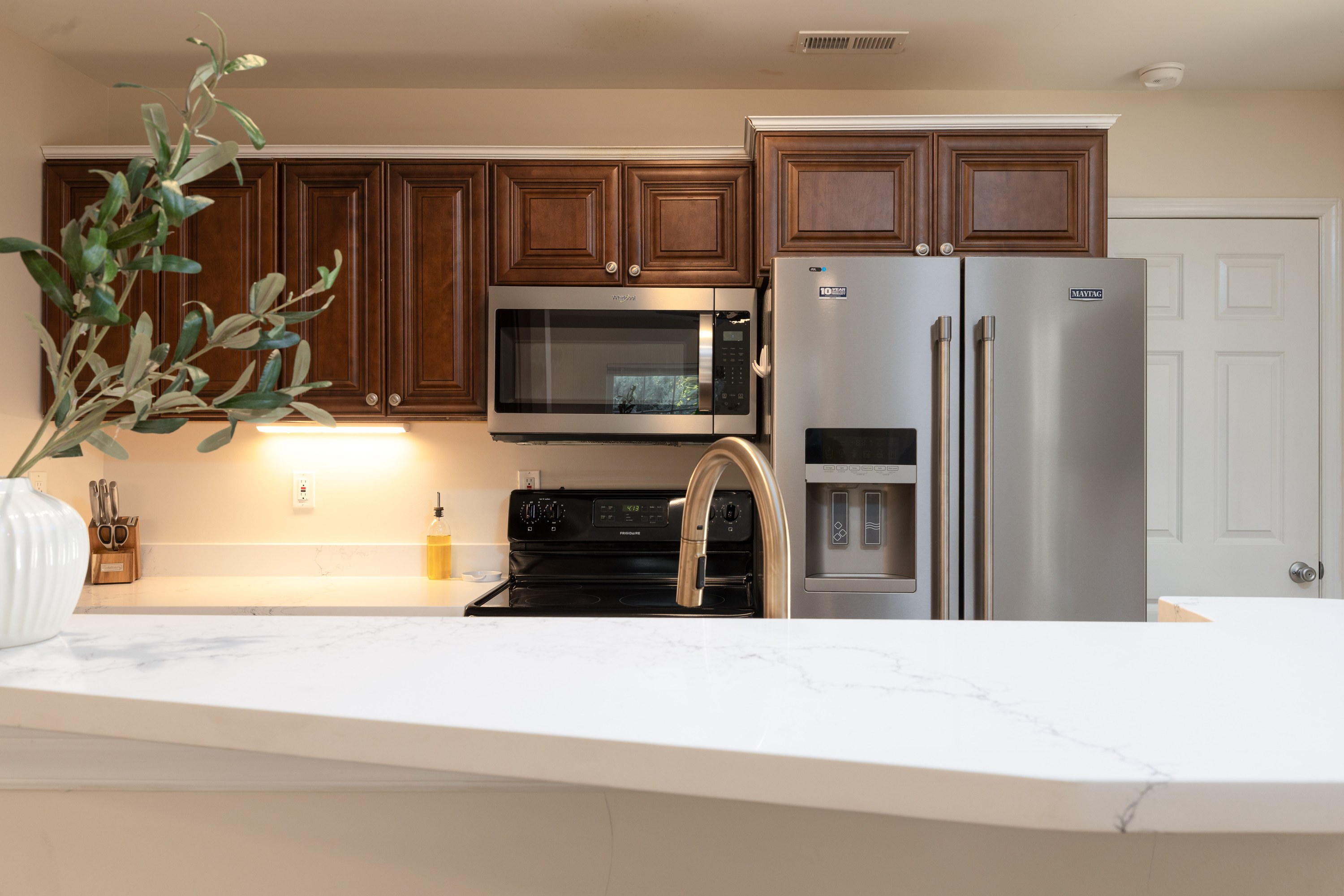 Full kitchen with quartz counters, electric range, microwave and full-size fridge