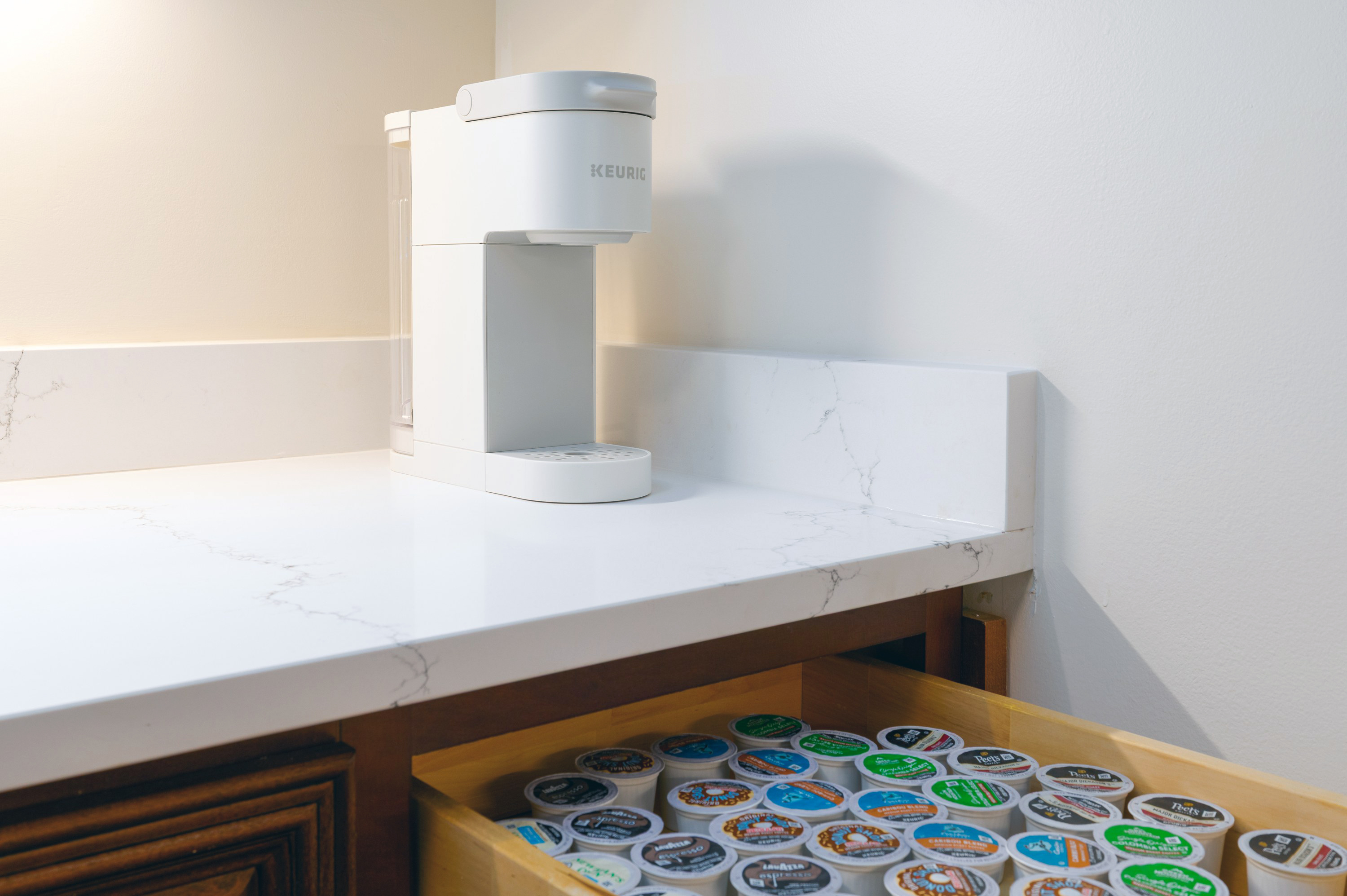 Keurig and a drawer of coffee pods