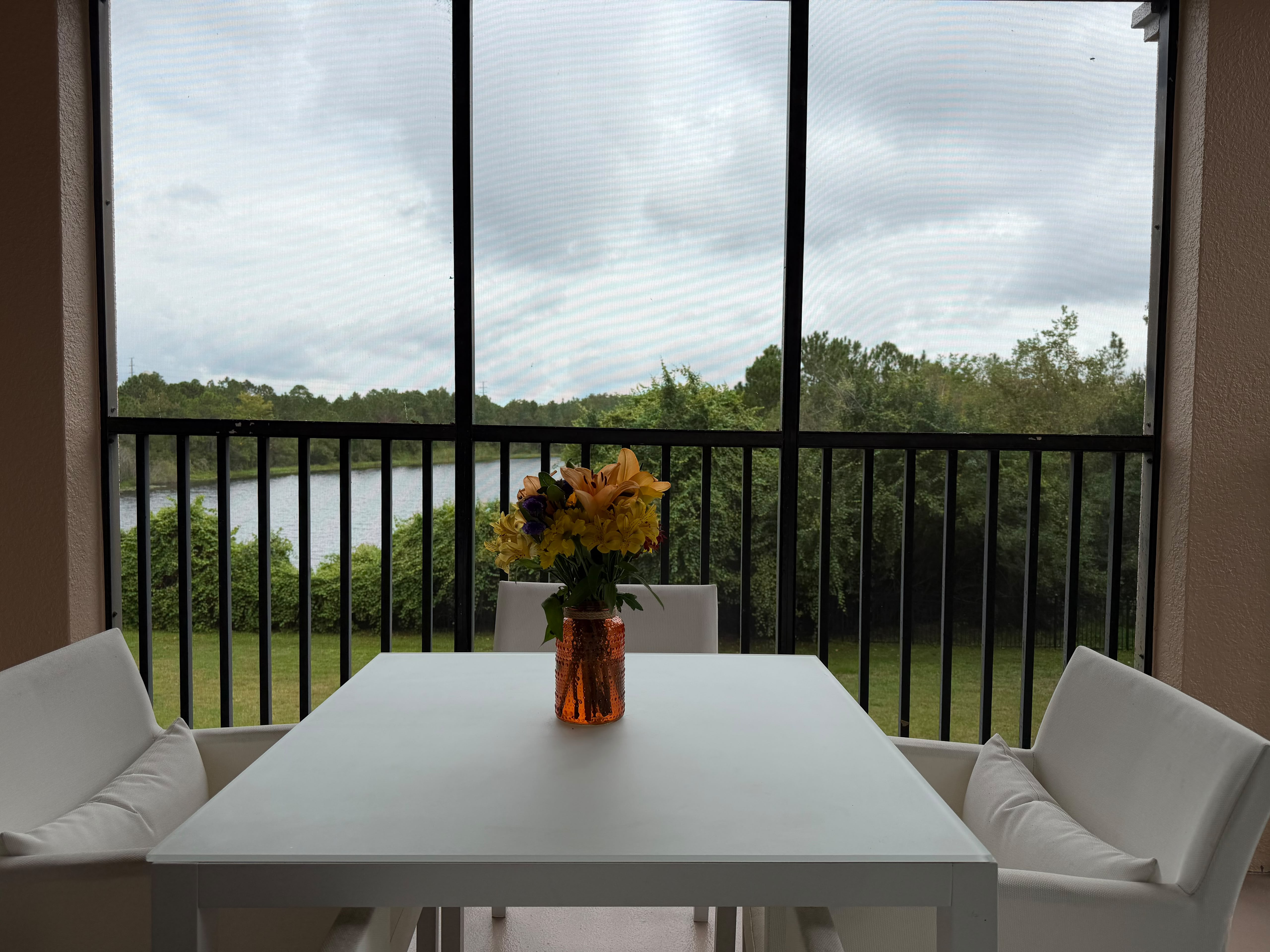 Screened balcony dining with peaceful lake and nature views