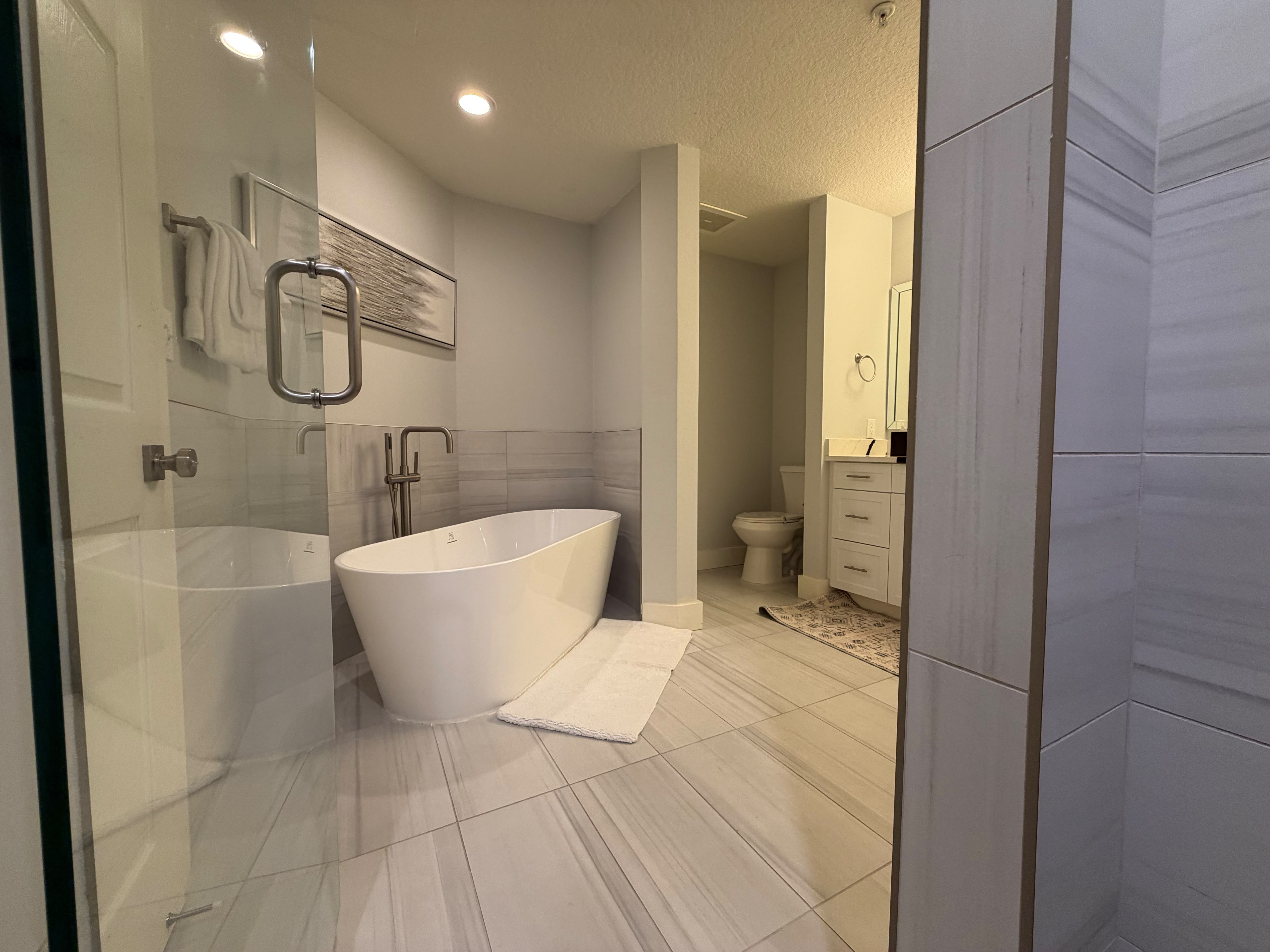 Spa-like bathroom with soaking tub and sleek modern finishes