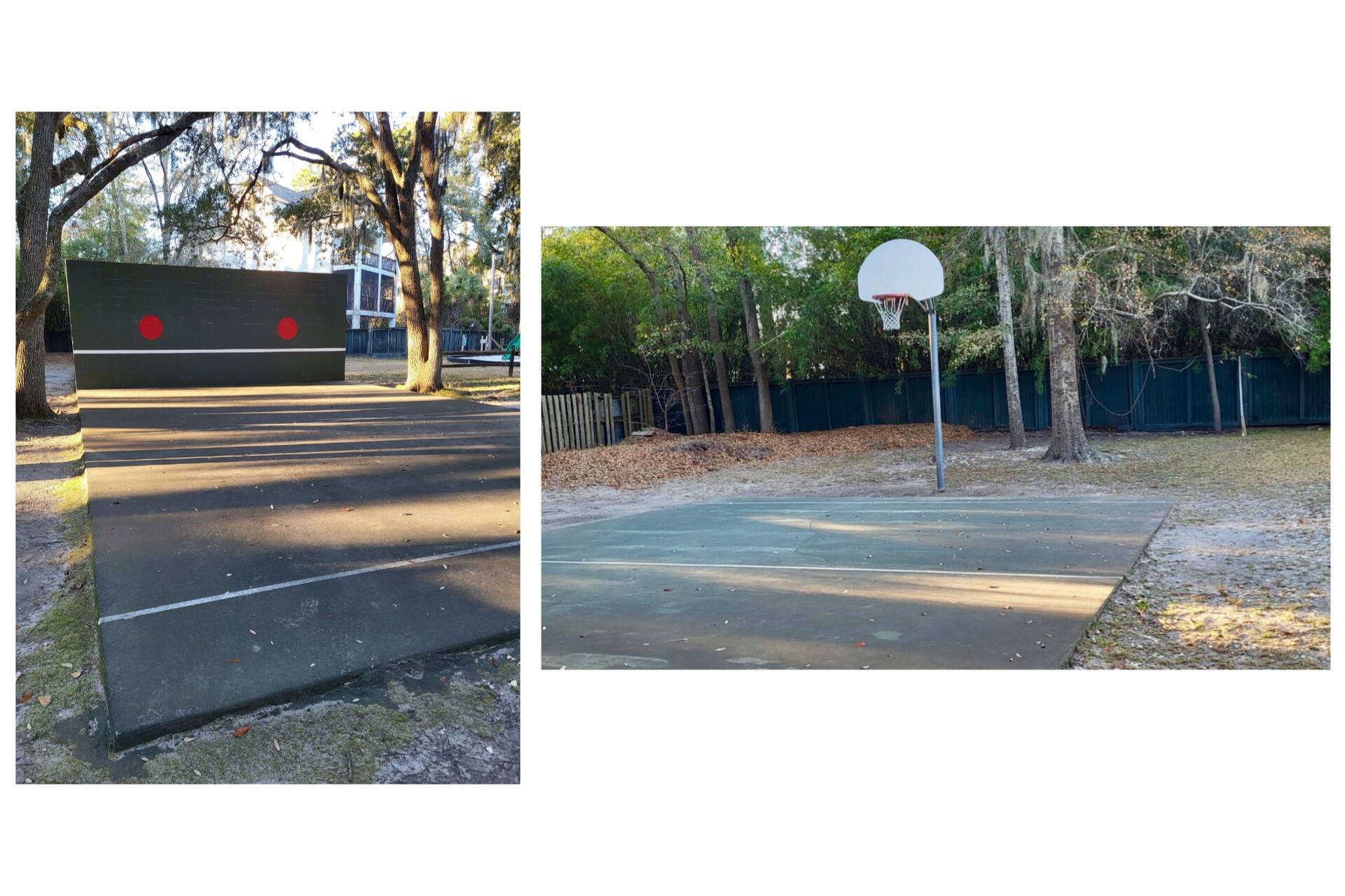 Private outdoor basketball court and game wall in a peaceful wooded setting