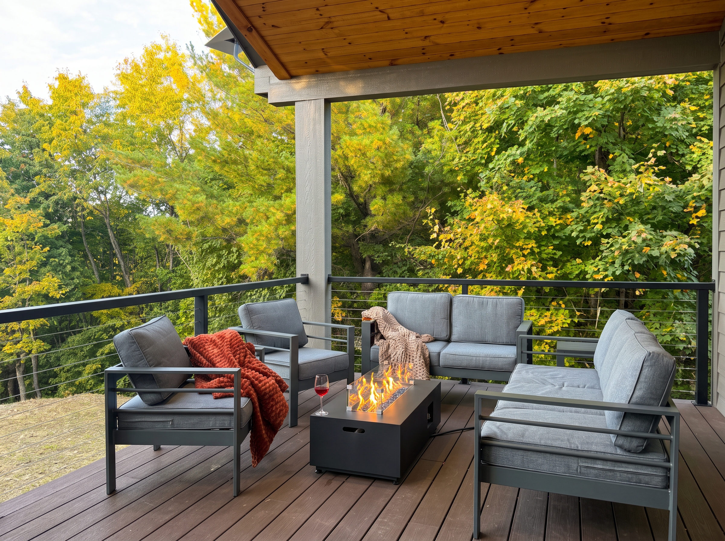 Covered upper deck with fire table at sunset