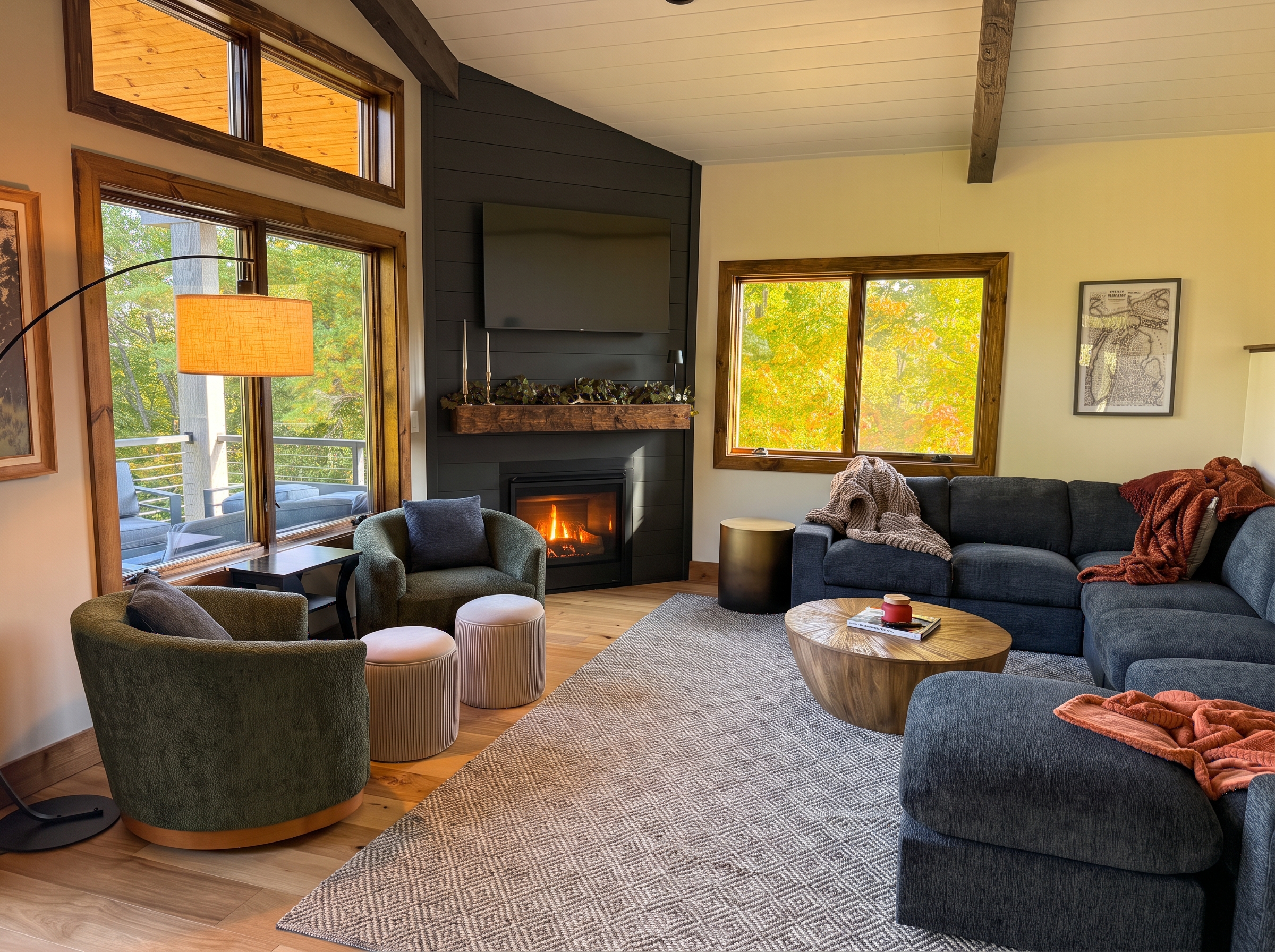 Great room fireplace under the beams