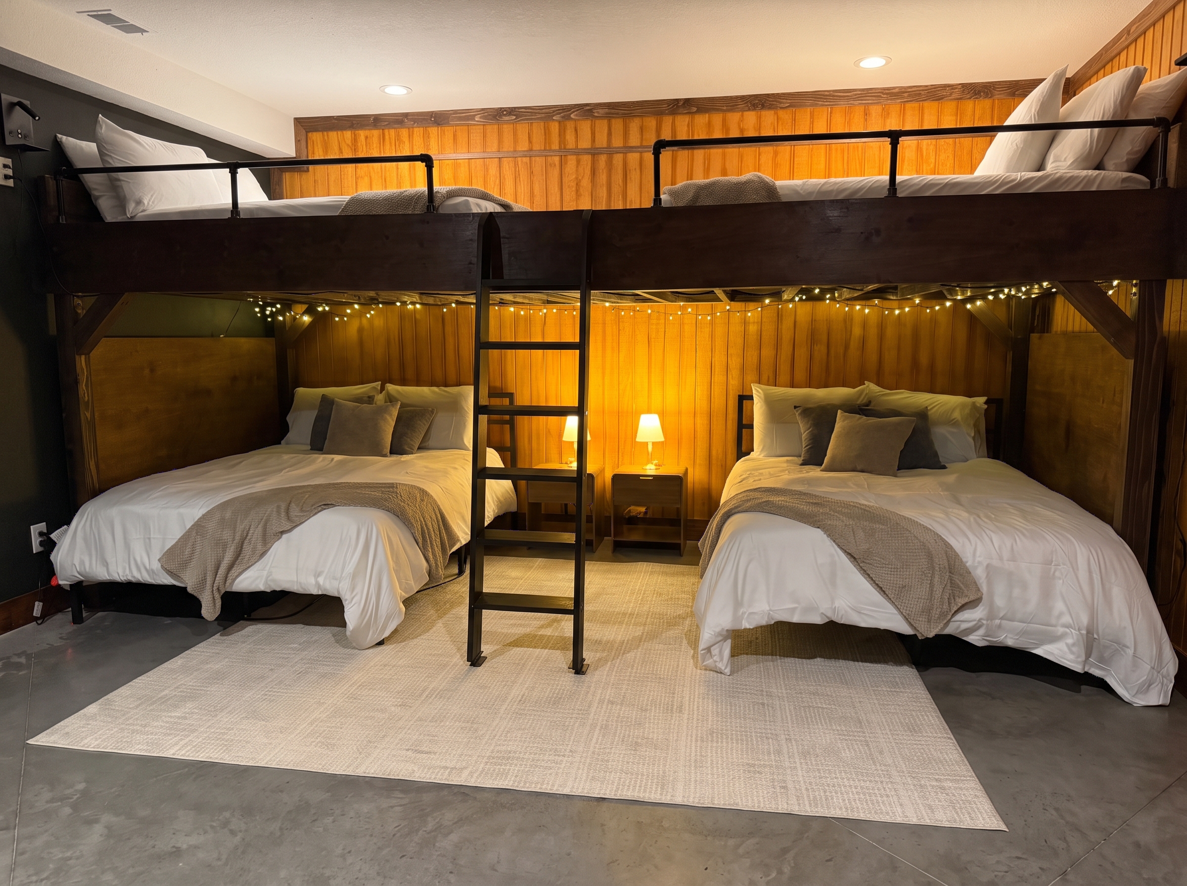Four-queen bunk room under string lights