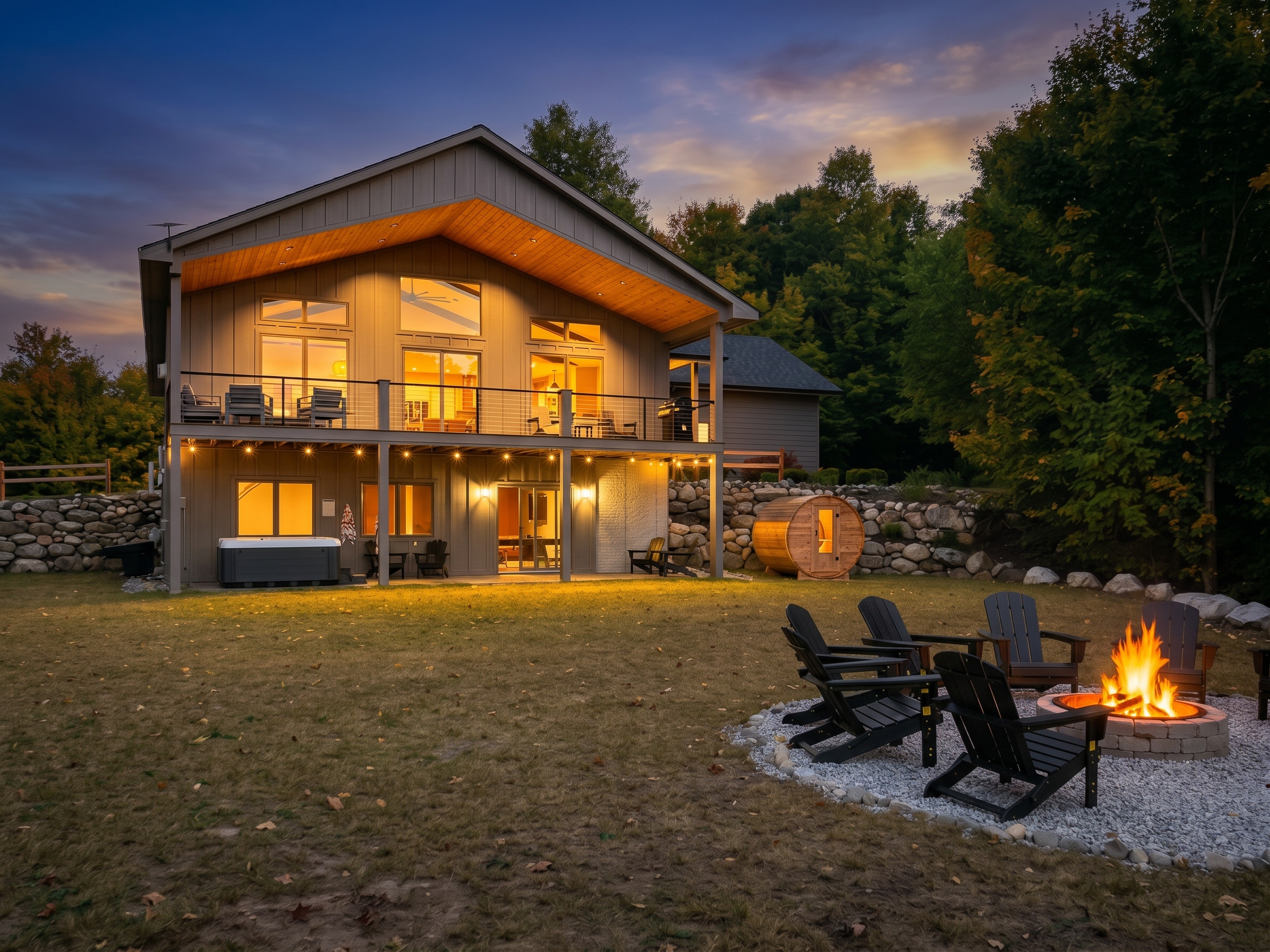 Windows glowing at dusk with the hot tub and sauna outside