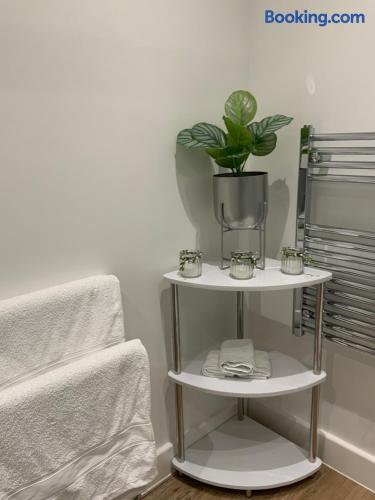 Stylish bathroom corner with fresh towels, plant, and heated towel rail