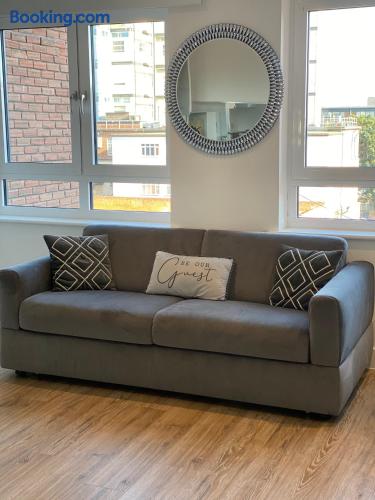 Bright modern lounge with large windows and stylish gray sofa