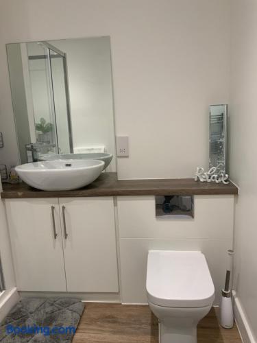 Modern minimalist bathroom with vessel sink and stylish finishes