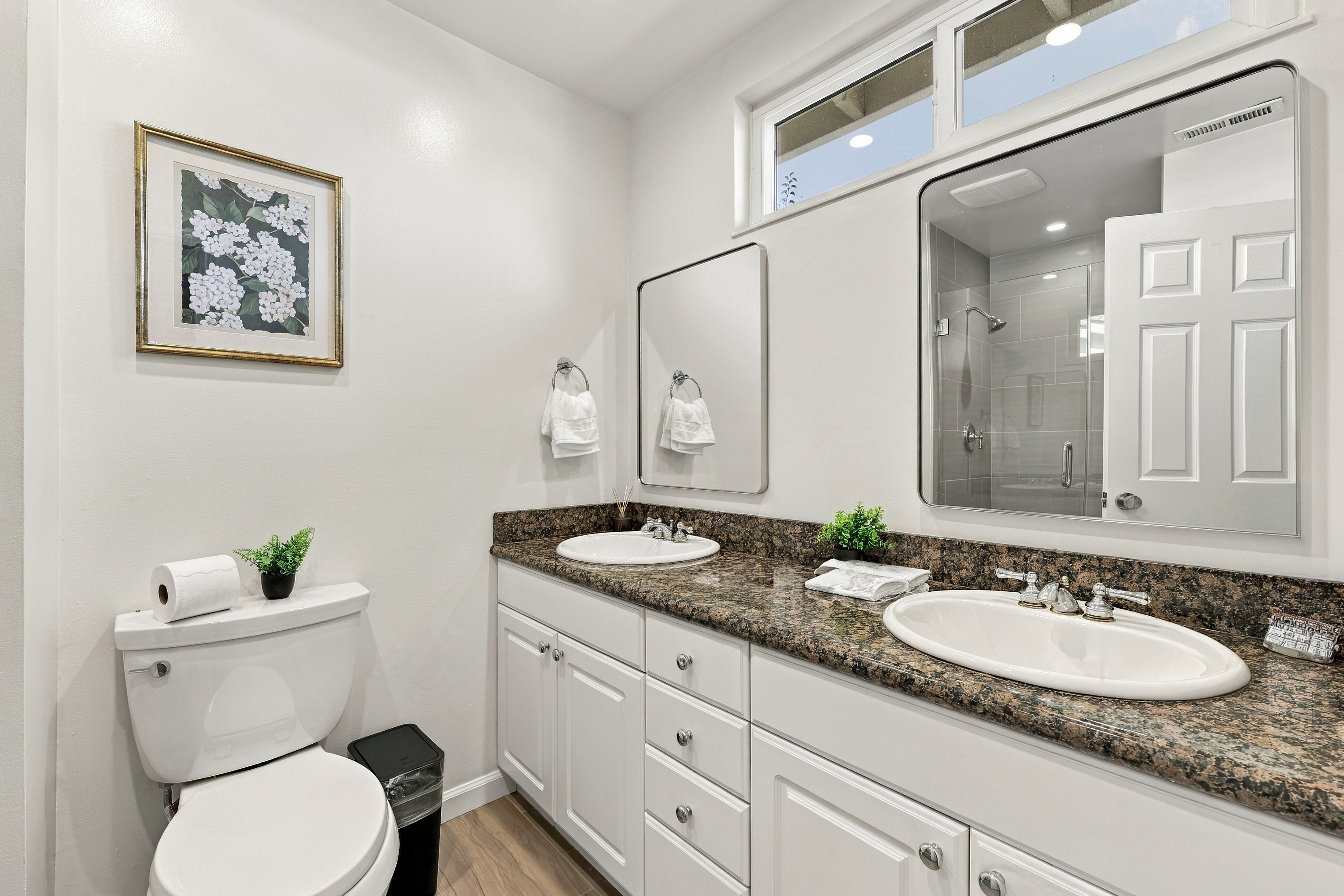 Bright double-vanity bathroom with granite counters and walk-in shower