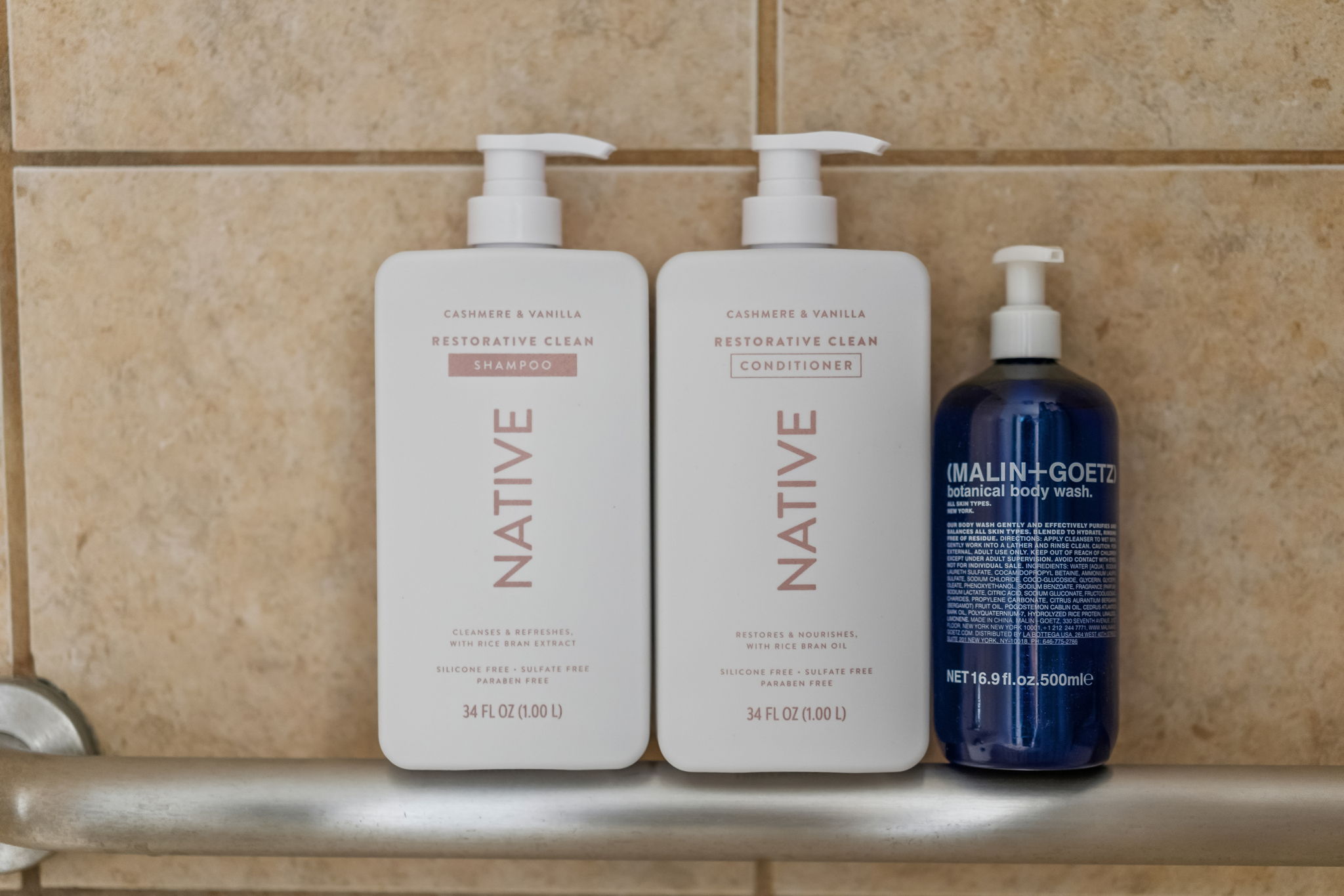 Premium shower amenities with shampoo, conditioner & body wash