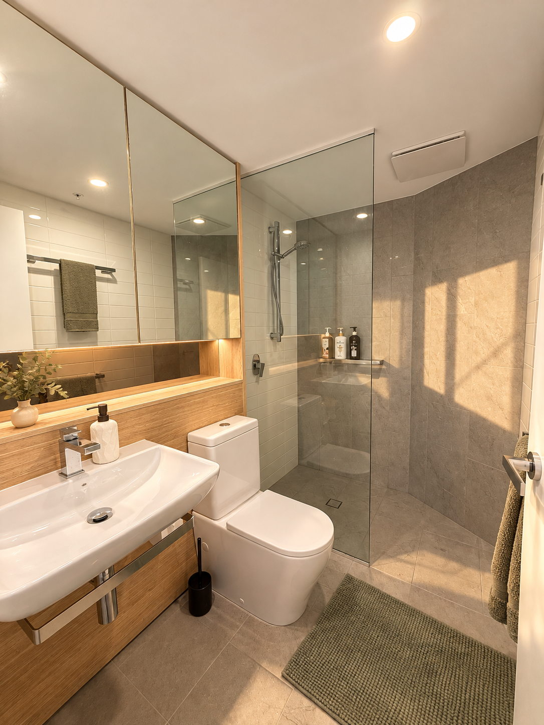 Bright spa-style bathroom with walk-in glass shower and modern vanity