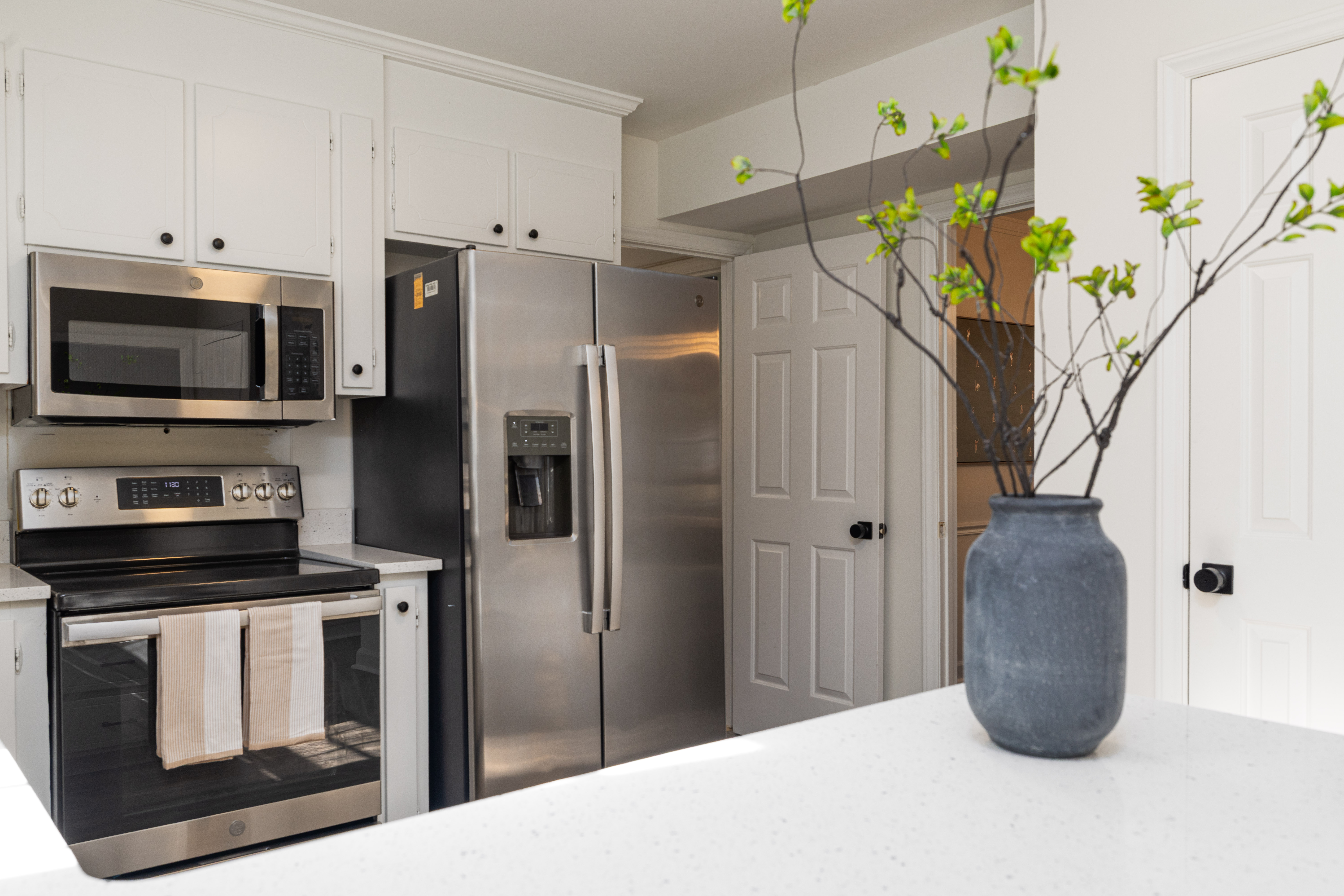 Full-size fridge, electric range and microwave
