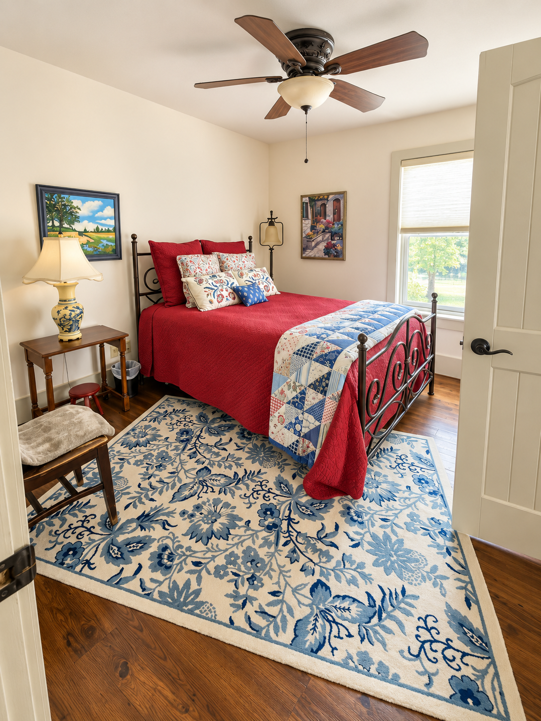 Bright, cozy bedroom with wrought-iron bed and charming cottage style