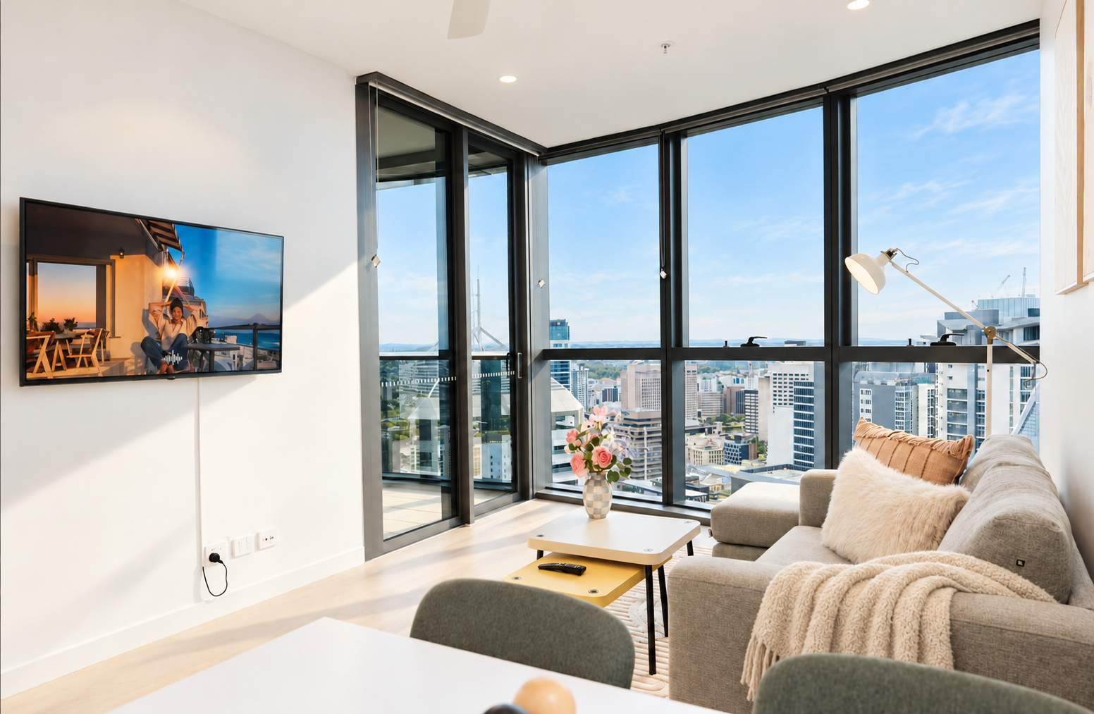 Bright corner lounge with floor-to-ceiling windows and stunning city views