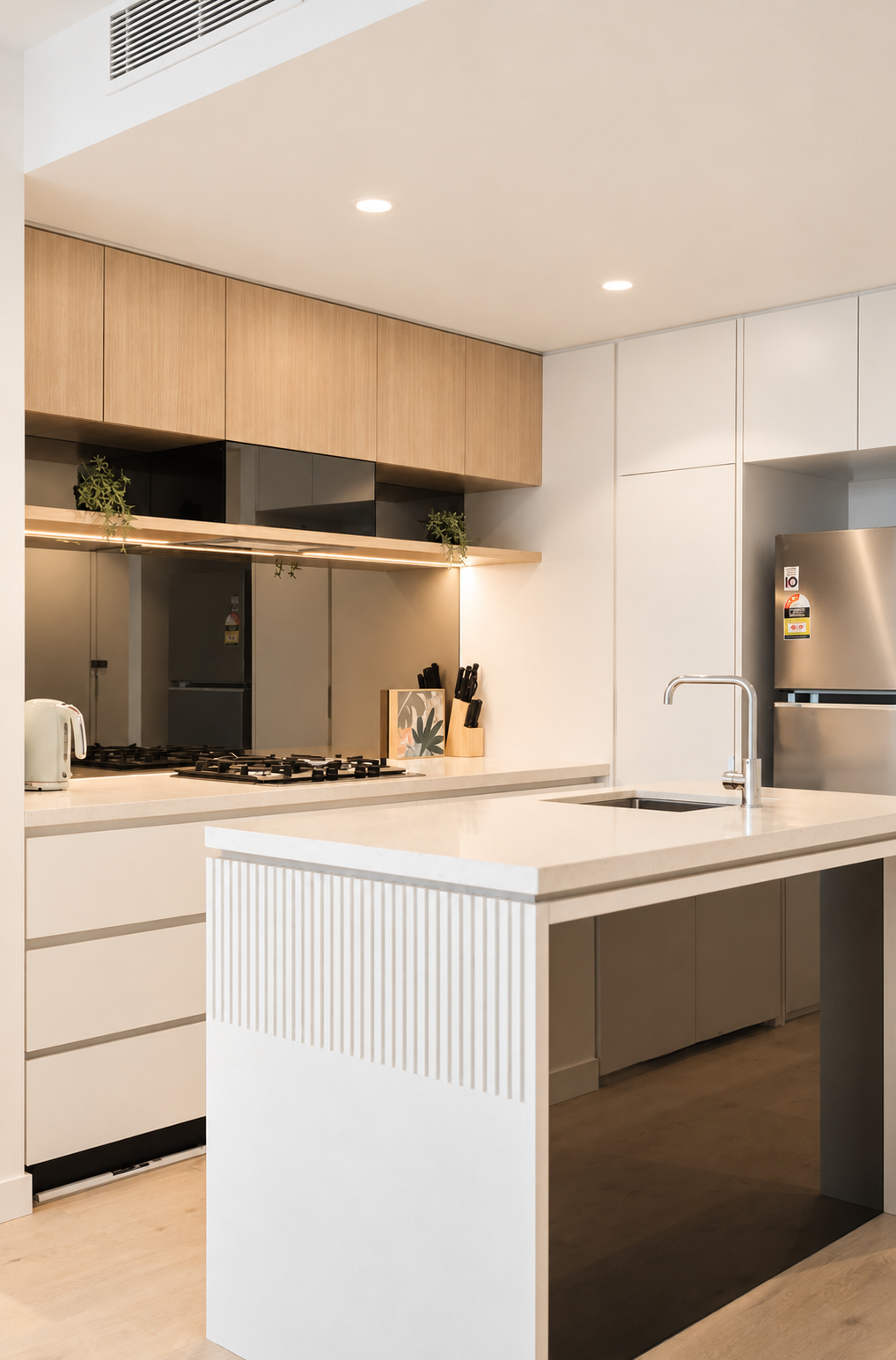 Modern designer kitchen with island seating space and stainless appliances