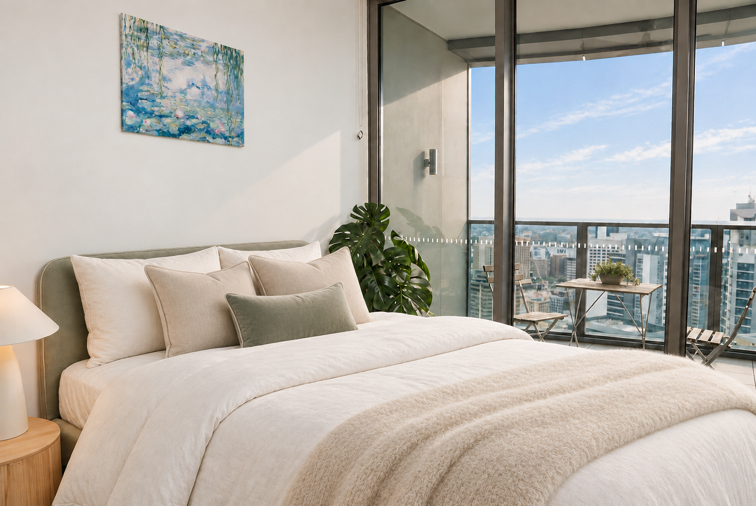 Cozy modern bedroom with private balcony and stunning city views