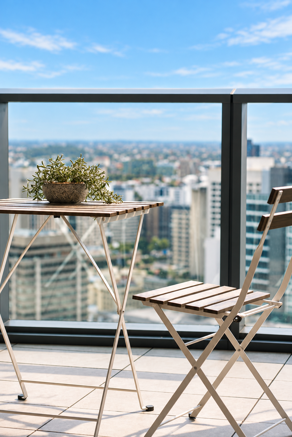 Private balcony with bistro seating and sweeping city skyline views