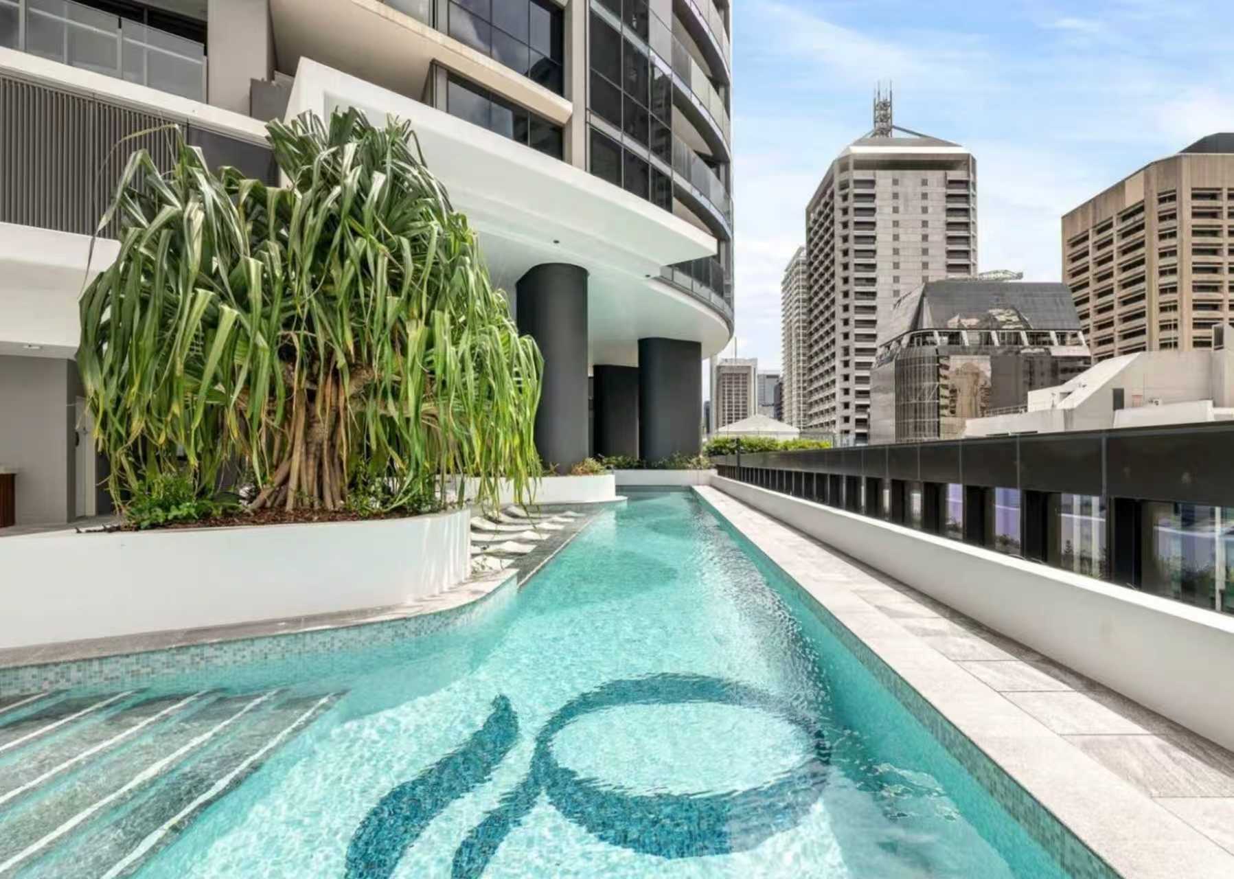 Stylish rooftop lap pool with tropical landscaping and city views