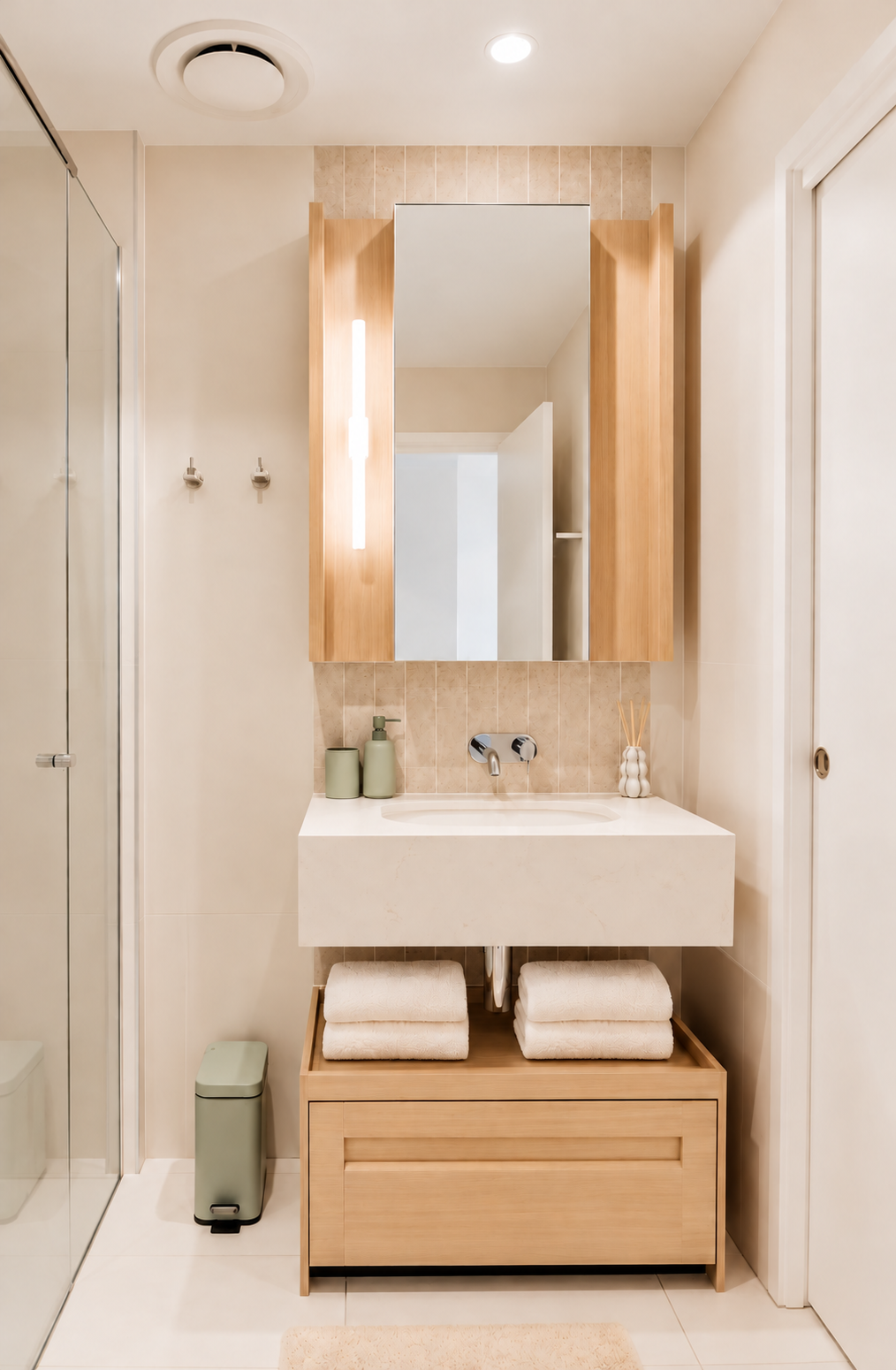 Bright modern bathroom with spa-like vanity and sleek glass shower