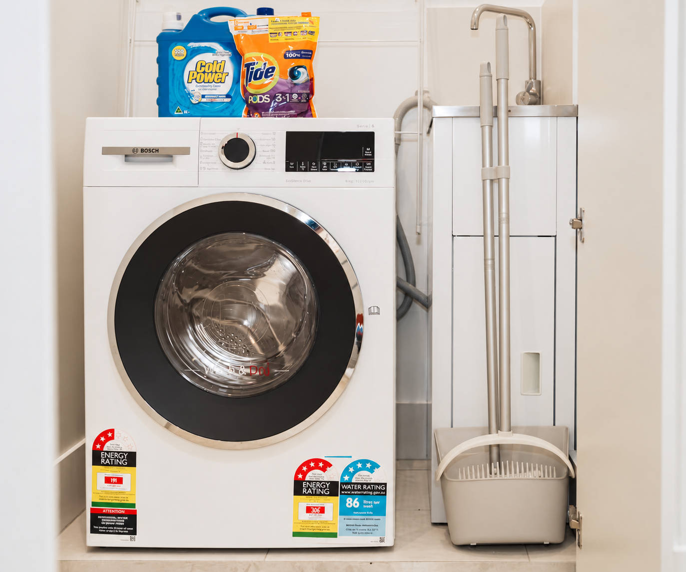 Convenient in-home laundry with modern washer and supplied essentials