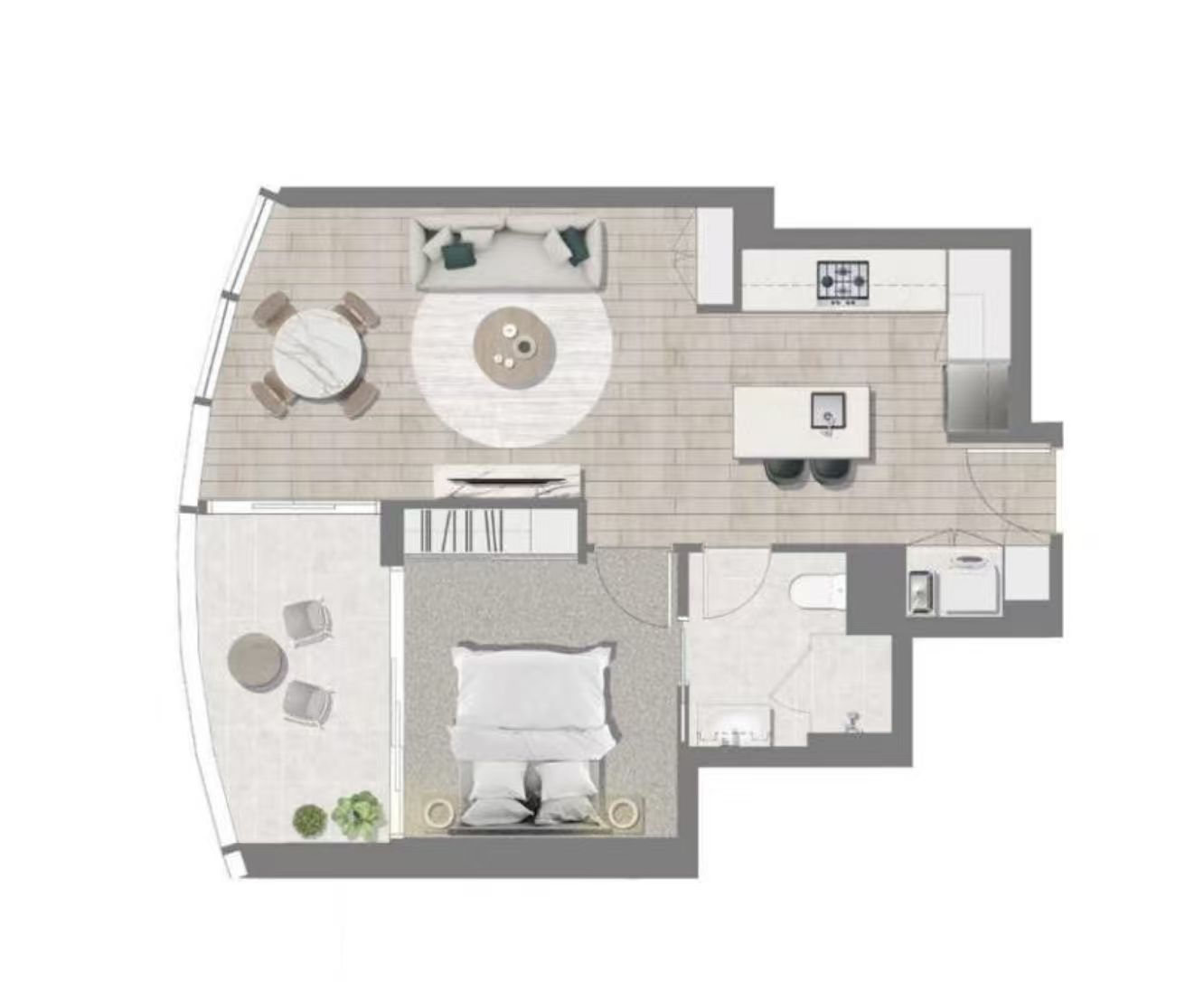 Stylish 1-bedroom layout with balcony, island seating, and open living