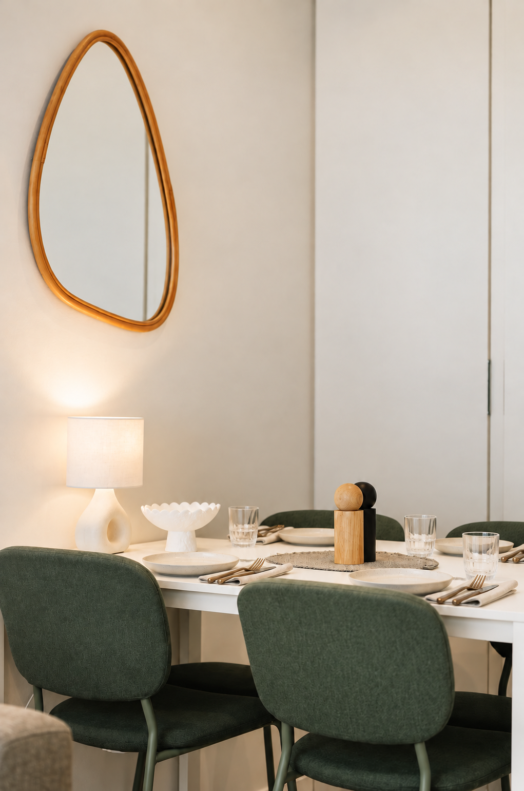 Cozy modern dining nook with seating for four and soft designer touches