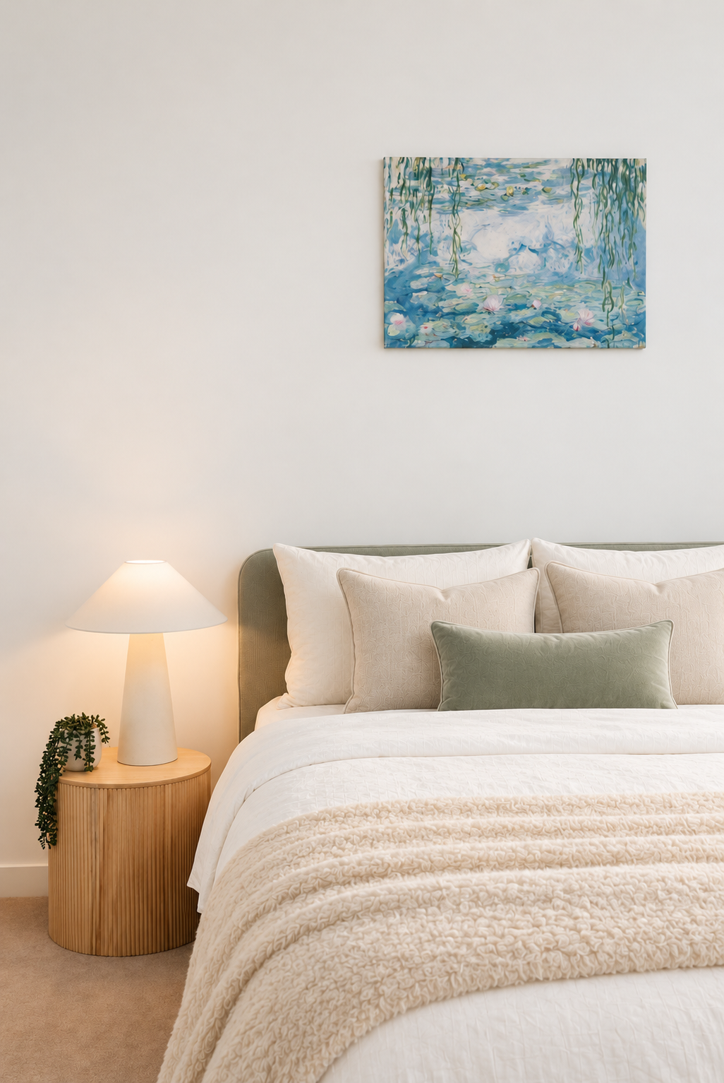 Calming, cozy bedroom with plush bedding and elegant modern styling
