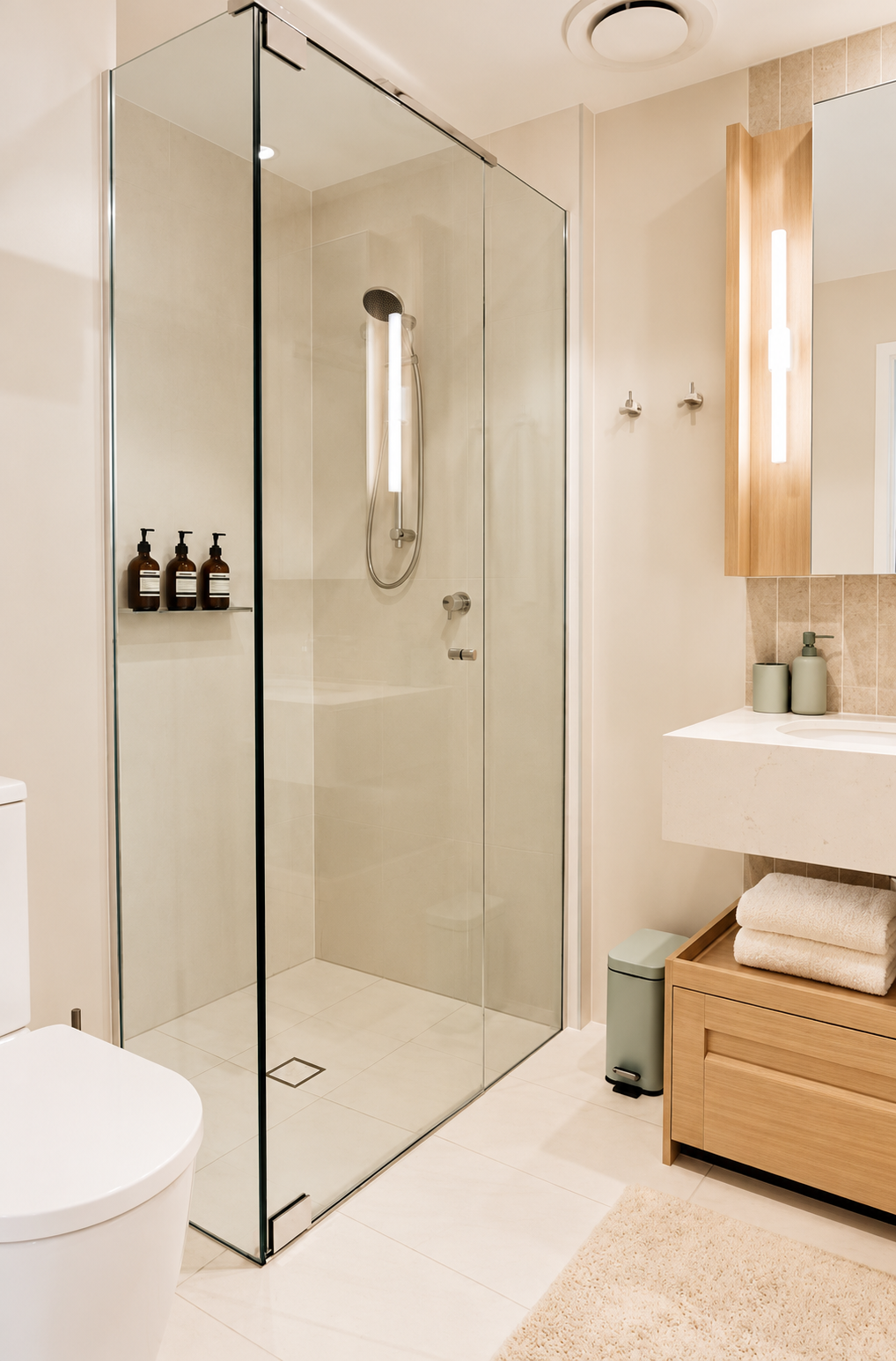 Bright spa-style bathroom with sleek glass shower and warm wood vanity